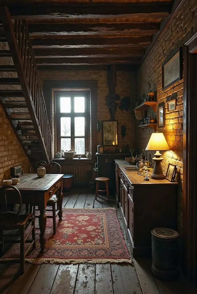 His home, like that of many others in the working-class neighborhood, it lacked superfluous ornaments, a pragmatic construction that offered unostentatious shelter. It was a compact living space, where every square meter had to fulfill an essential function.

When you cross the threshold, one was immediately in a corridor narrow and dark, barely illuminated by the faint light that filtered from the main room. on the left, could distinguish the silhouette of a fireplace wooden staircase, steep and crisp under my feet the weight.  At the end of the corridor , the living room opened like the heart of the house. 

A sturdy wooden table, marked by scars from shared meals and everyday tasks, occupied the center of the home, surrounded by disparate but functional chairs. On one of the walls, the imposing presence of a charcoal fireplace, with its sooty black mouth, was the focal point, a promise of warmth in the cold London winters. A rough wooden shelf displayed some faded photographs in simple frames and a pair of worthless ceramic figurines.

the exposed brick walls, with its rough texture and the earthy color of the fired clay, they told a story of rapid construction and economy. The wooden plank floor, visibly worn out by countless steps, creaked softly under my feet, each table silently counting the years of our lives here. 

Sometimes I think about how many steps Margaret must have taken on these boards— I sighed.

They revealed the dark veins of the aged wood. A shabby carpet, with a pattern blurred by the use, tried to provide a note of warmth without much success.

The kitchen was a tiny annex, barely separated from the room by a curtain of thick, faded fabric, adorned with an already almost imperceptible floral pattern. In this small space, a charcoal stove blackened by soot was the center of the culinary activity, next to a sink made of chipped white earthenware, with a single cold water faucet. The utensils hung on hooks on the wall or were piled up messily on a flimsy wooden shelf.

At the end of the hallway, two doors gave access to bedrooms. They were small rooms, barely large enough to house a simple wooden bed, covered with blankets thick and patched, and an austere two-door cabinet. The light from outside was scarce, filtering through small windows, tarnished by the humidity and soot of the industrial environment.

The interior atmosphere was imbued with a faint warmth, Of the gas lamps that they projected a yellowish and flickering light. 
