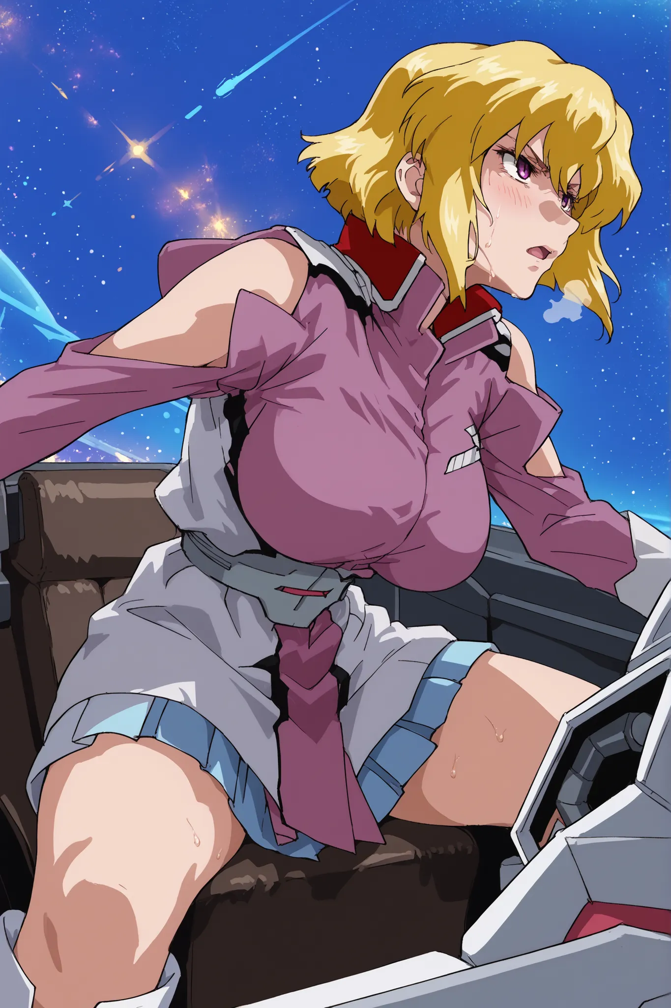 score_9,score_8_up,score_7_up,score_6_up,score_5_up,score_4_up,anime coloring,source_anime,anime screencap,stella,1girl,solo,purple eyes,blonde hair,short hair, pink jacket,shoulder cutout,blue one-piece,thigh boots,portrait, solo, be shy of, blush, huge b...