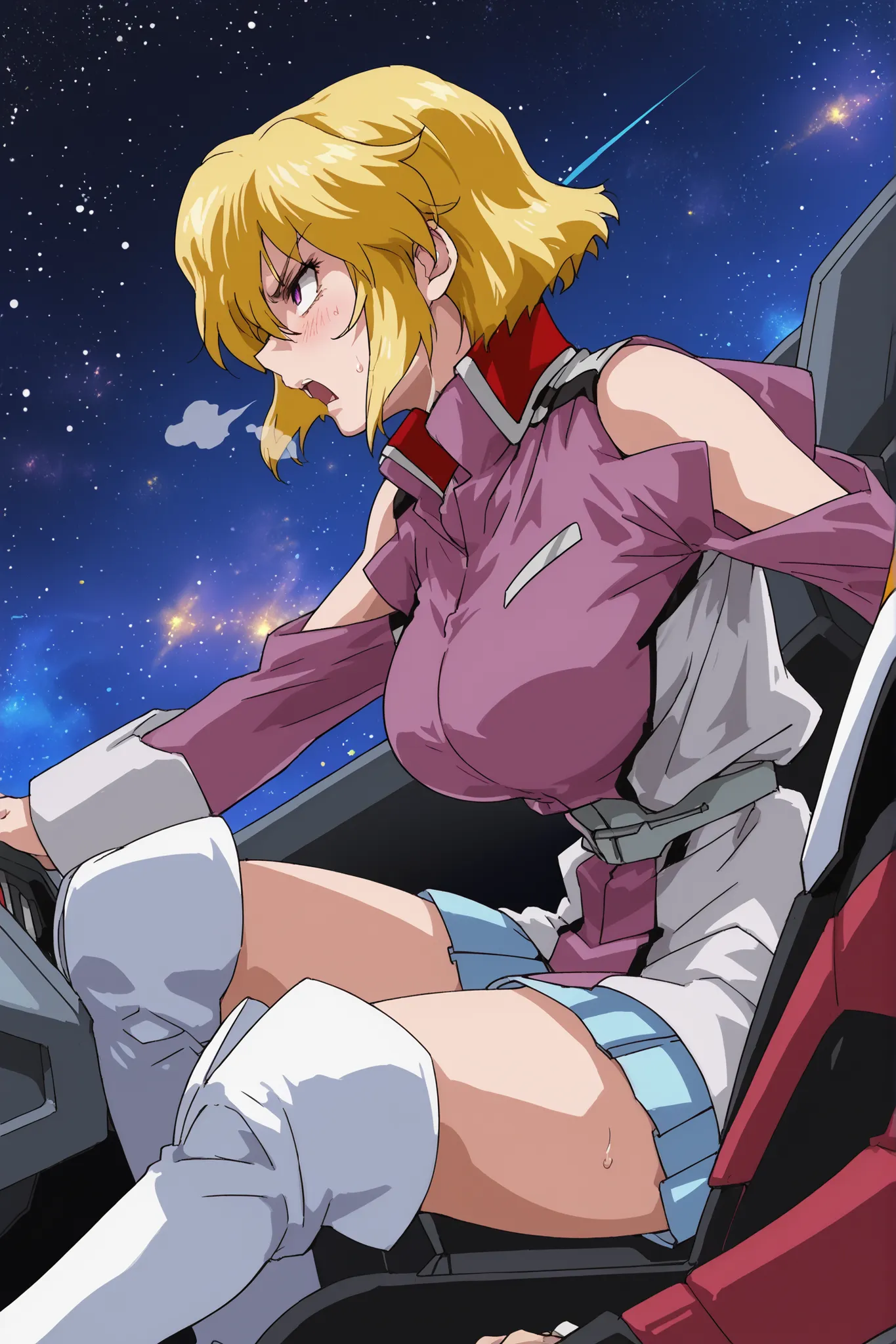 score_9,score_8_up,score_7_up,score_6_up,score_5_up,score_4_up,anime coloring,source_anime,anime screencap,stella,1girl,solo,purple eyes,blonde hair,short hair, pink jacket,shoulder cutout,blue one-piece,thigh boots,portrait, solo, be shy of, blush, huge b...