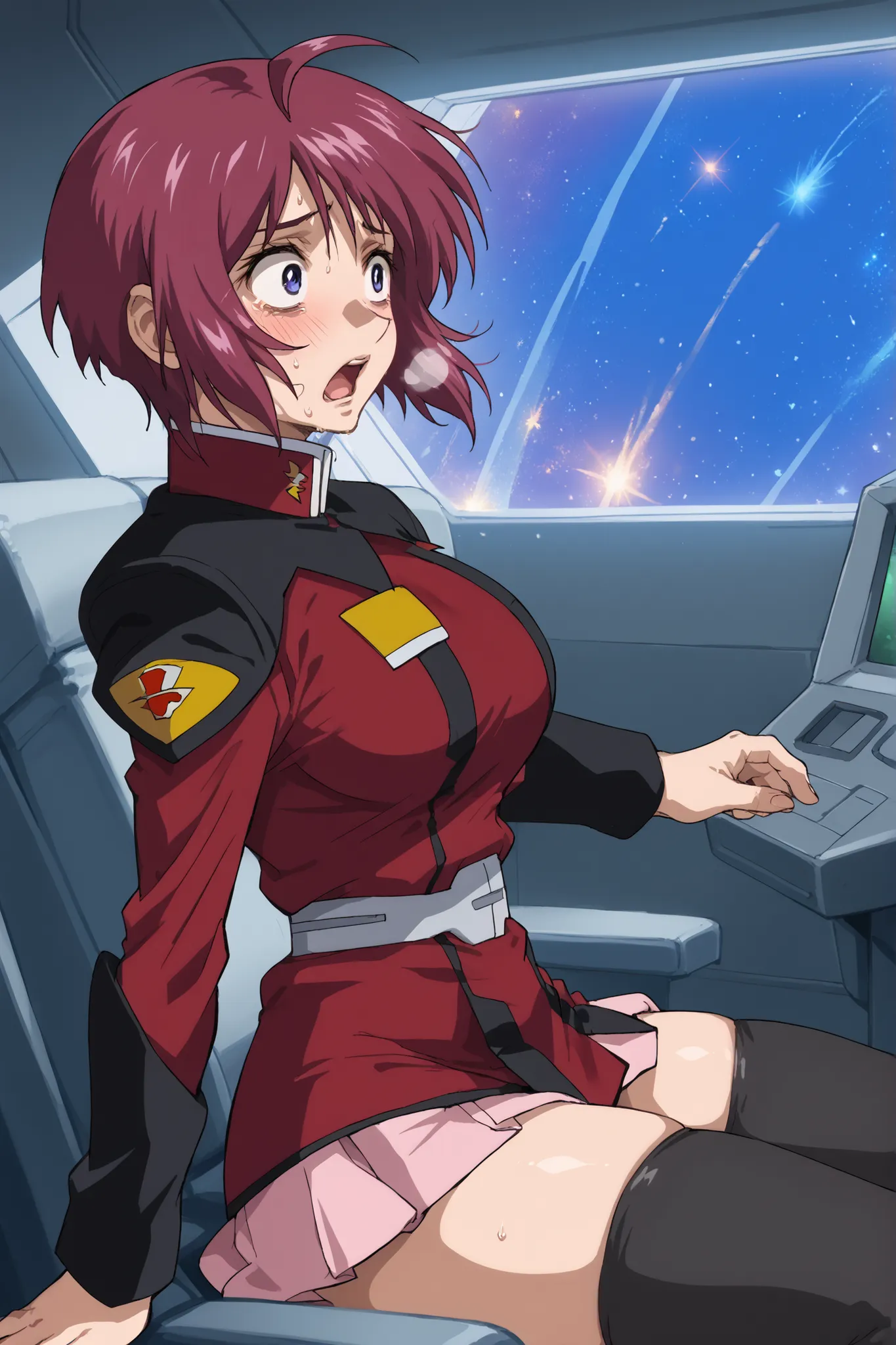 score_9,score_8_up,score_7_up,score_6_up,score_5_up,score_4_up,anime coloring,source_anime,anime screencap,lunamaria,1girl,solo,blue eyes,red hair,short hair,ahoge, destiny jacket,belt,pink miniskirt,pleated skirt,black thighhighs,solo, be shy of, blush, l...