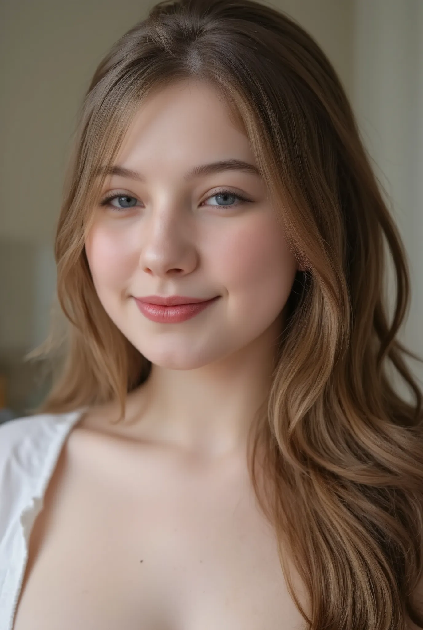 (extreme long distance shot:2.0), three quarters turned view, for a lora training set. A beautiful fair skinned woman with blue eyes and long wavy brown hair. Fair complexion, light skin, (--no freckles:2.0), She is in a bedroom nude. She is smiling exc...
