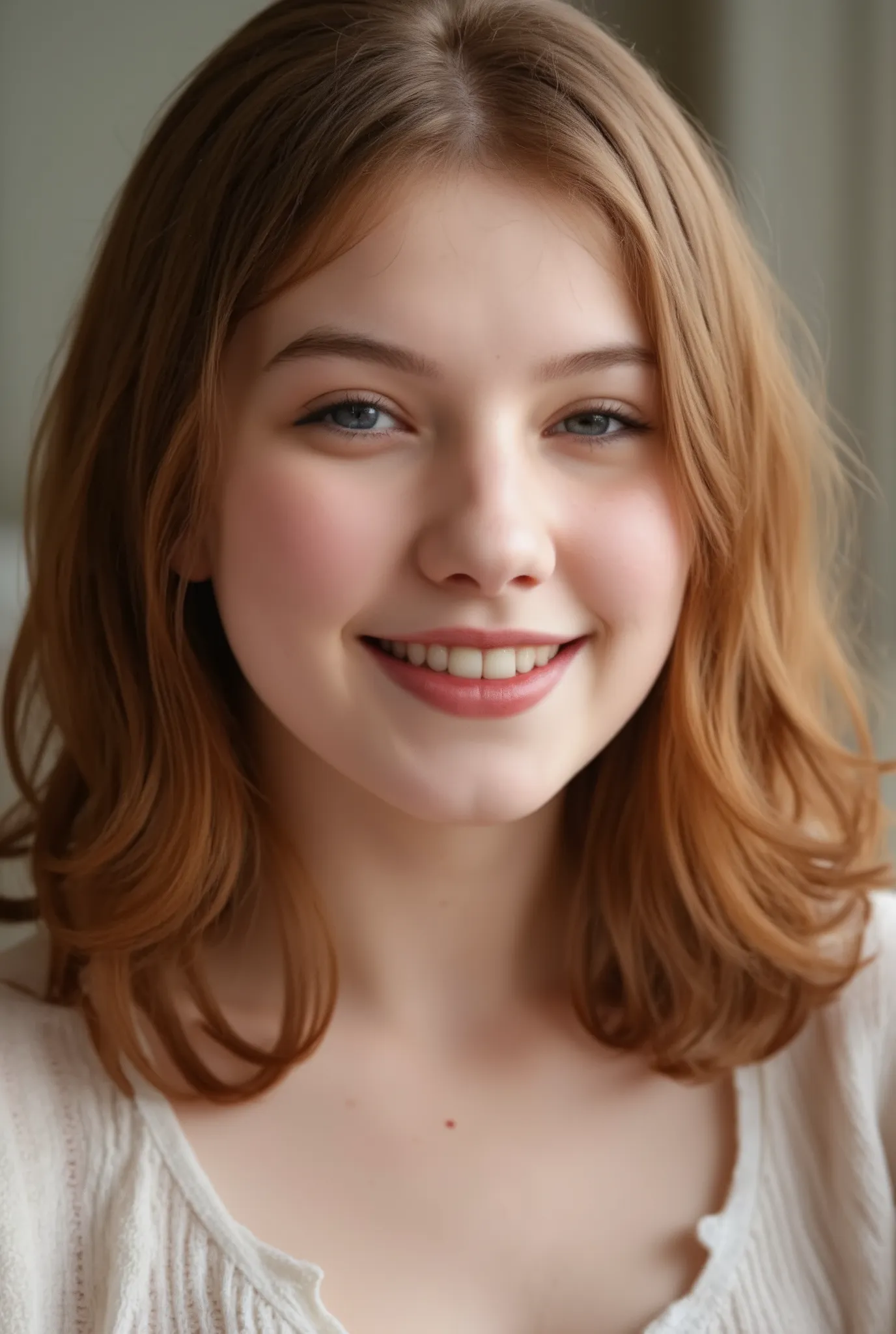 (extreme long distance shot:2.0), three quarters turned view, for a lora training set. A beautiful fair skinned woman with blue eyes and long wavy red hair. Fair complexion, light skin, (--no freckles:2.0), She is in a bedroom nude. She is smiling excite...