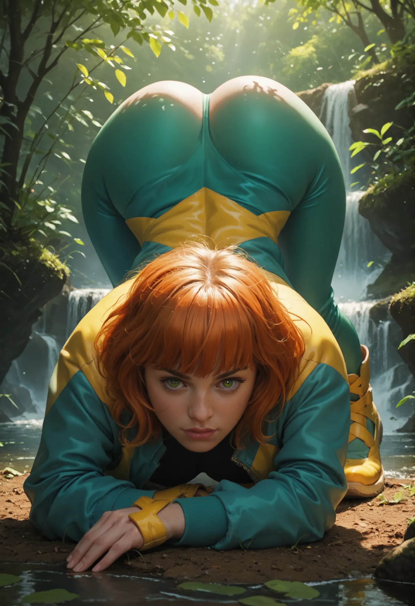 jeangreymarvelnow
1girl, short hair, orange hair, medium breasts
bodysuit,
gloves, yellow footwear, jacket, green eyes, Small saggy breast, huge hips., an impatient expression on his face, choker. looking at the viewer, shirt. jeans. river. bottom view. fa...