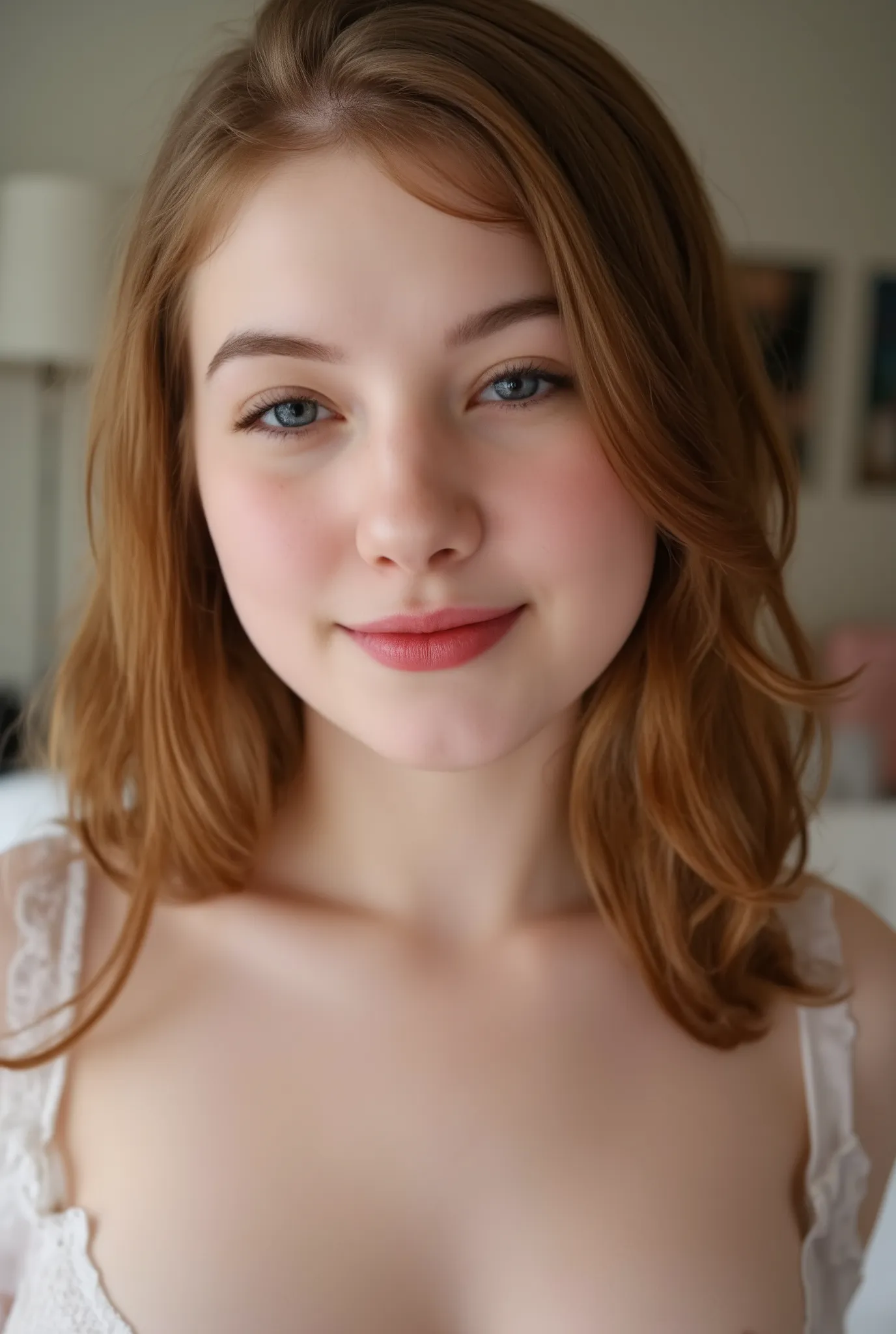 (extreme long distance shot:2.0), three quarters turned view, for a lora training set. A beautiful fair skinned woman with blue eyes and long wavy red hair. Fair complexion, light skin, (--no freckles:2.0), She is in a bedroom nude. She is smiling excite...