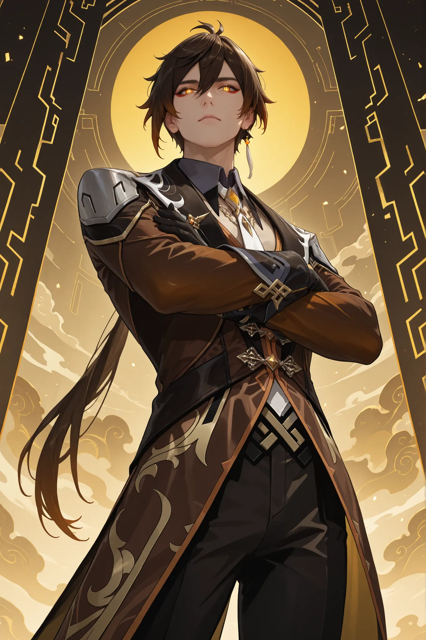 (Masterpiece, absurdres, newest, topquality) 1boy, solo, matzhongli, brown hair, low ponytail, yellow eyes, red eyeliner, dynamic background, looking at viewer, low angle, villain expression, standing, arms crossed, front view, glowing eyes