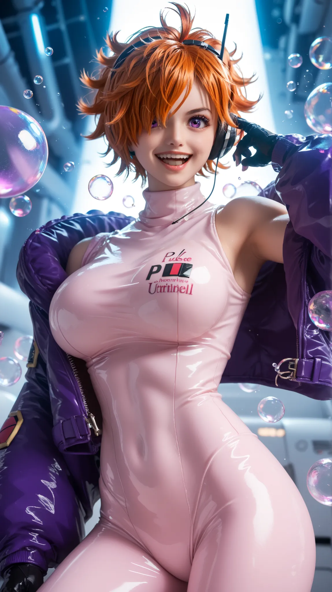 2d, anime, anime style, egghead outfit, 1girl, solo, large breasts, looking at viewer, dynamic pose, confident smile, short messy hair, open mouth, bubble effects, soft lighting, glossy bodysuit, futuristic jacket off shoulders, black gloves, headphones, v...