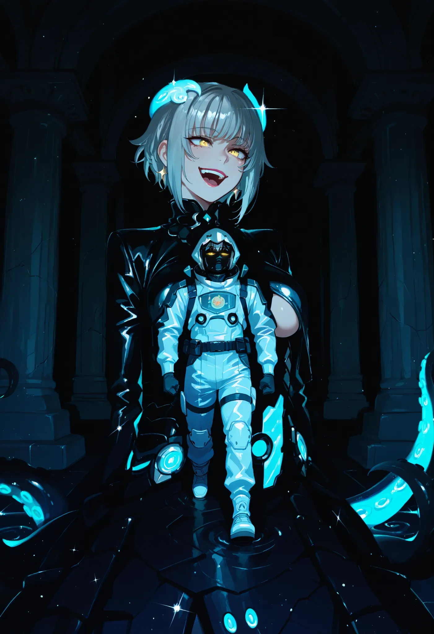 Giantess girl. Grey hair. Short hair. Yellow eyes. Laughing. Underboob costume. Metallic sparkle costume. Black costume. Glowing tentacles on head. Scylla lower body. Finned arms. Ocean bottom. Thalassophobia POV. Dark.