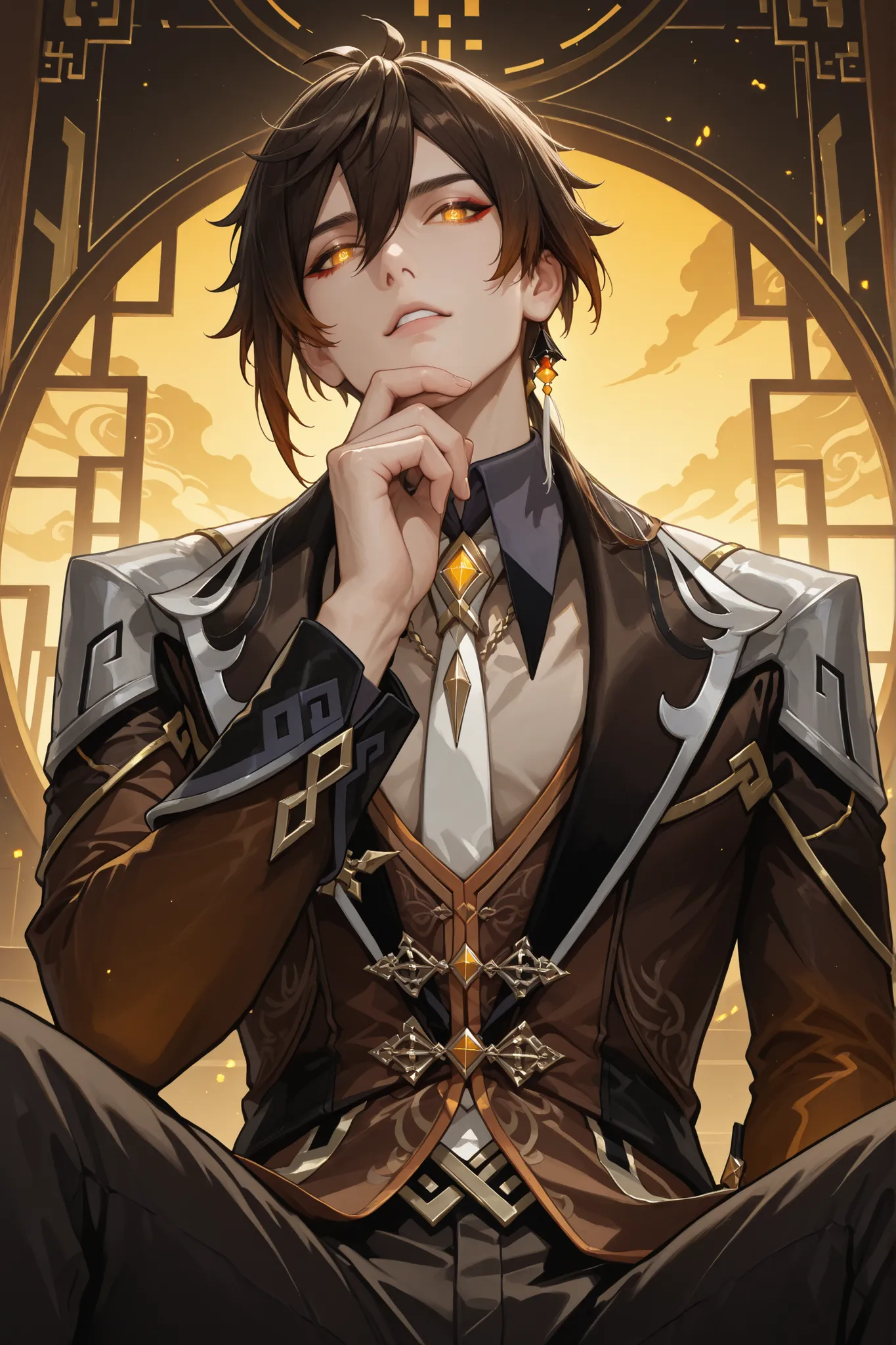 (Masterpiece, absurdres, newest, topquality) 1boy, solo, matzhongli, brown hair, low ponytail, yellow eyes, red eyeliner, dynamic background, looking at viewer, low angle, villain expression, sitting, one hand in chin, front view, glowing eyes