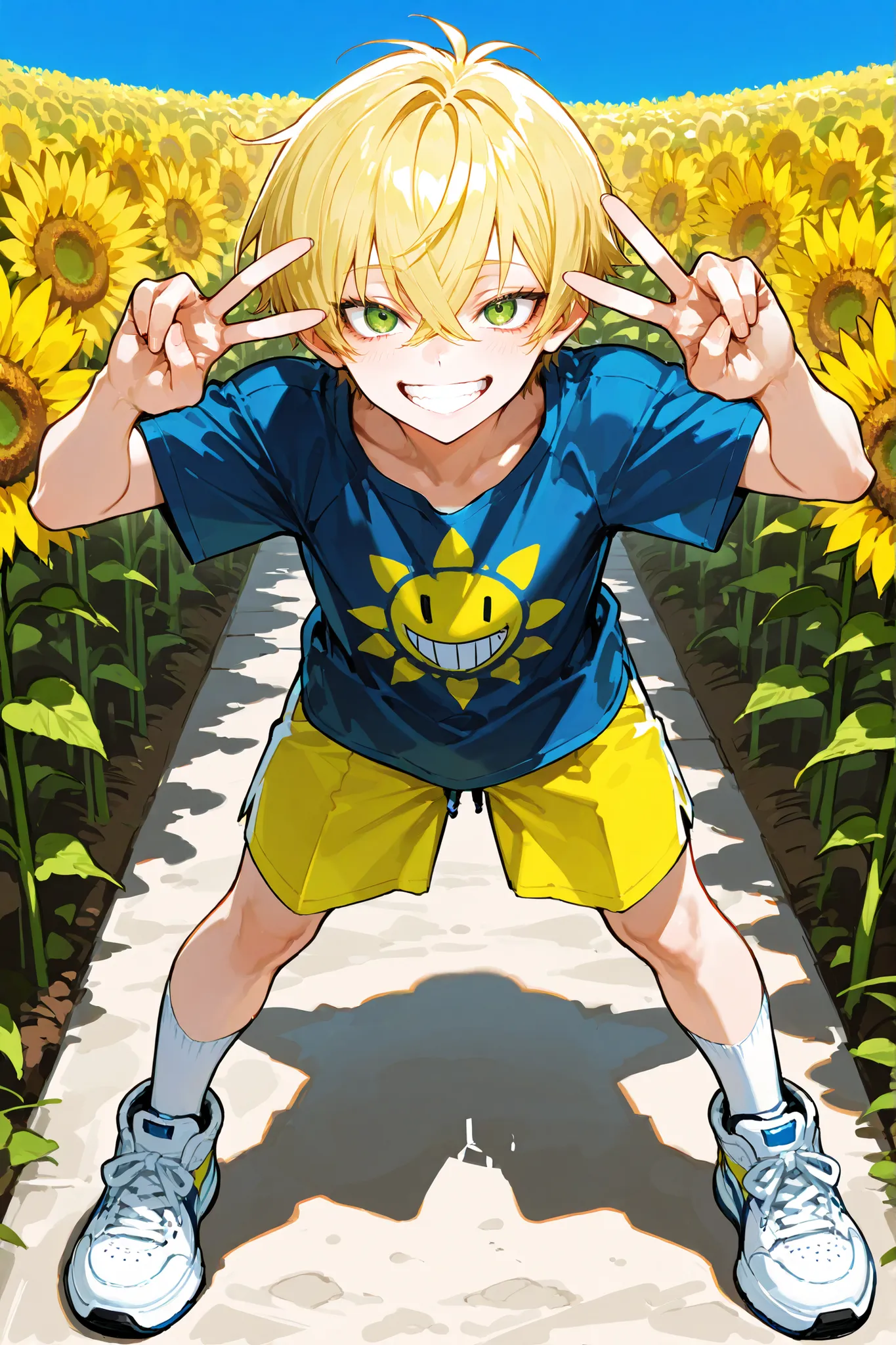 (((best quality))), ((ultra-detailed)), (illustration), ((an extremely delicate and beautiful)),(background:Midsummer blue sky and dazzling sun),1 boy,solo,( A short boy), (Very happy)(Big Smile)(Smiling with teeth showing),(gleaming skin),(Blue short-slee...
