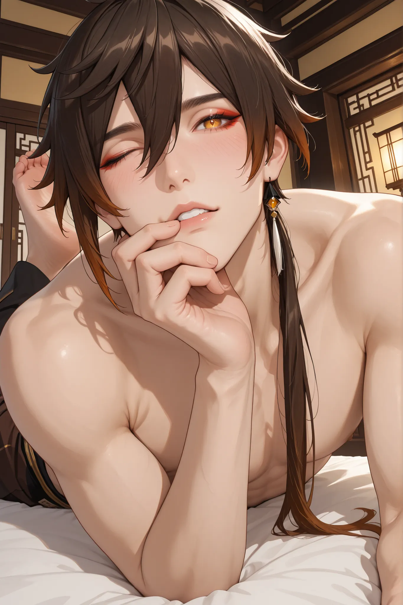 (Masterpiece, absurdres, newest, topquality) 1boy, solo, matzhongli, brown hair, low ponytail, yellow eyes, red eyeliner, chinese style bedroom, on bed, looking at viewer, shirtless, low angle, villain expression, lying on his side, one hand on chin, one e...