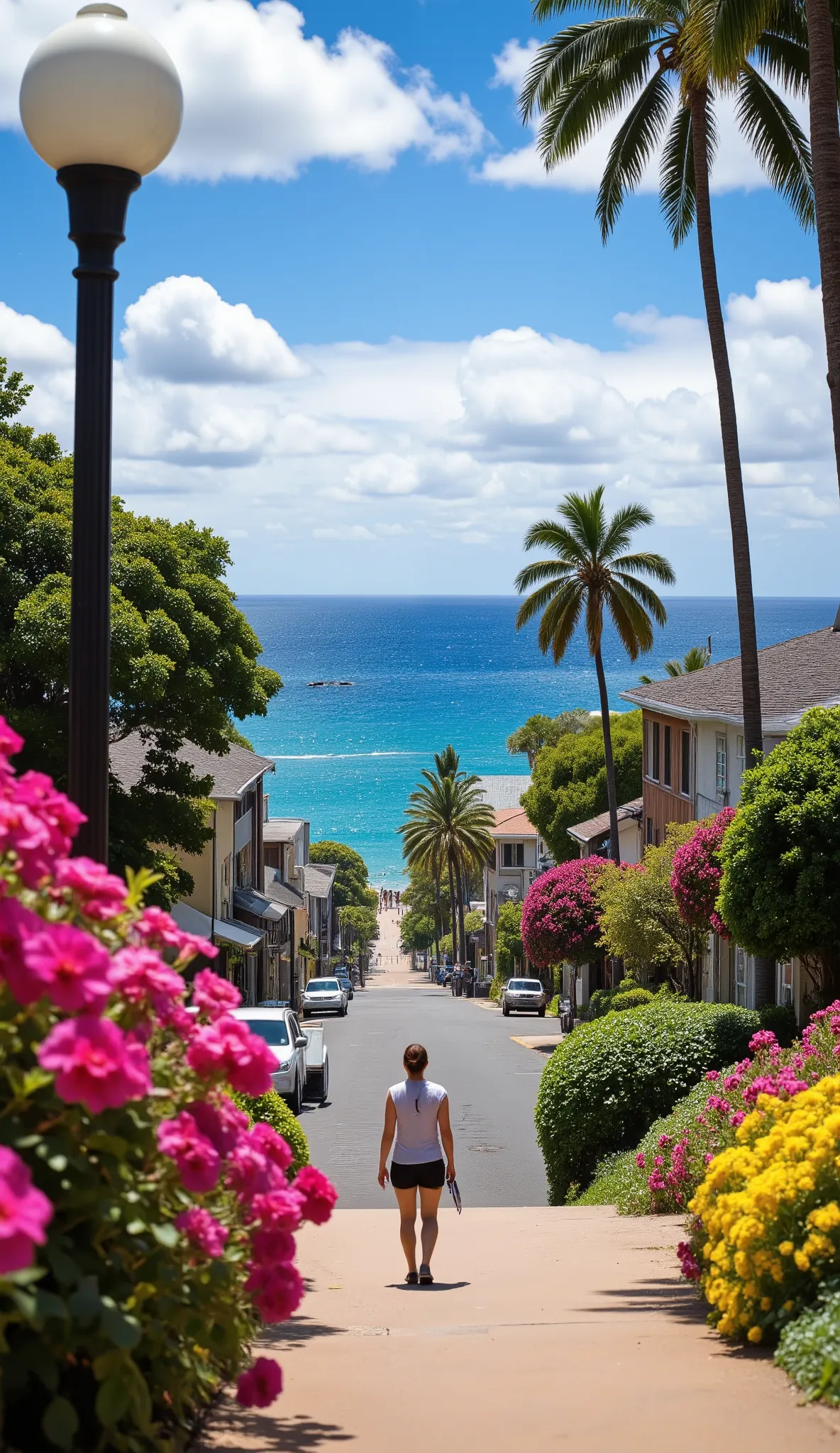 high-definition images、while walking through the streets of Lahaina、flowers blooming in full bloom near the coast of Lahaina in Hawaii々Sea to the left、walking through beautiful buildings on the right。The line of sight walking along the coast is、calm citysc...