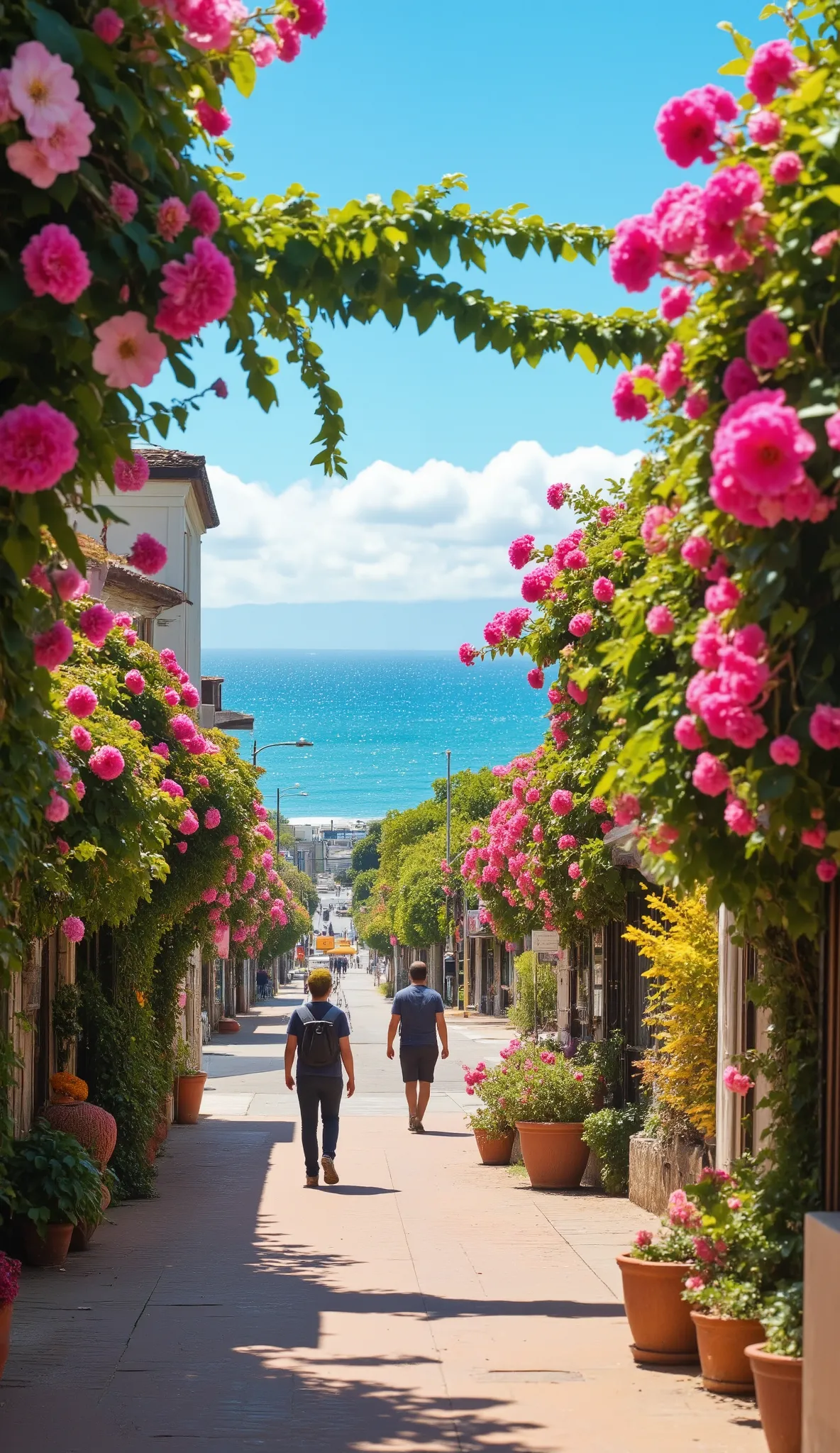 highdefinition images、Walking through the streets of Lahaina、Flowers blooming in full bloom near the coast of Lahaina in Hawaii々as you walk down the road。A line of sight walking along the seashore、The calm state of the city before the disaster。