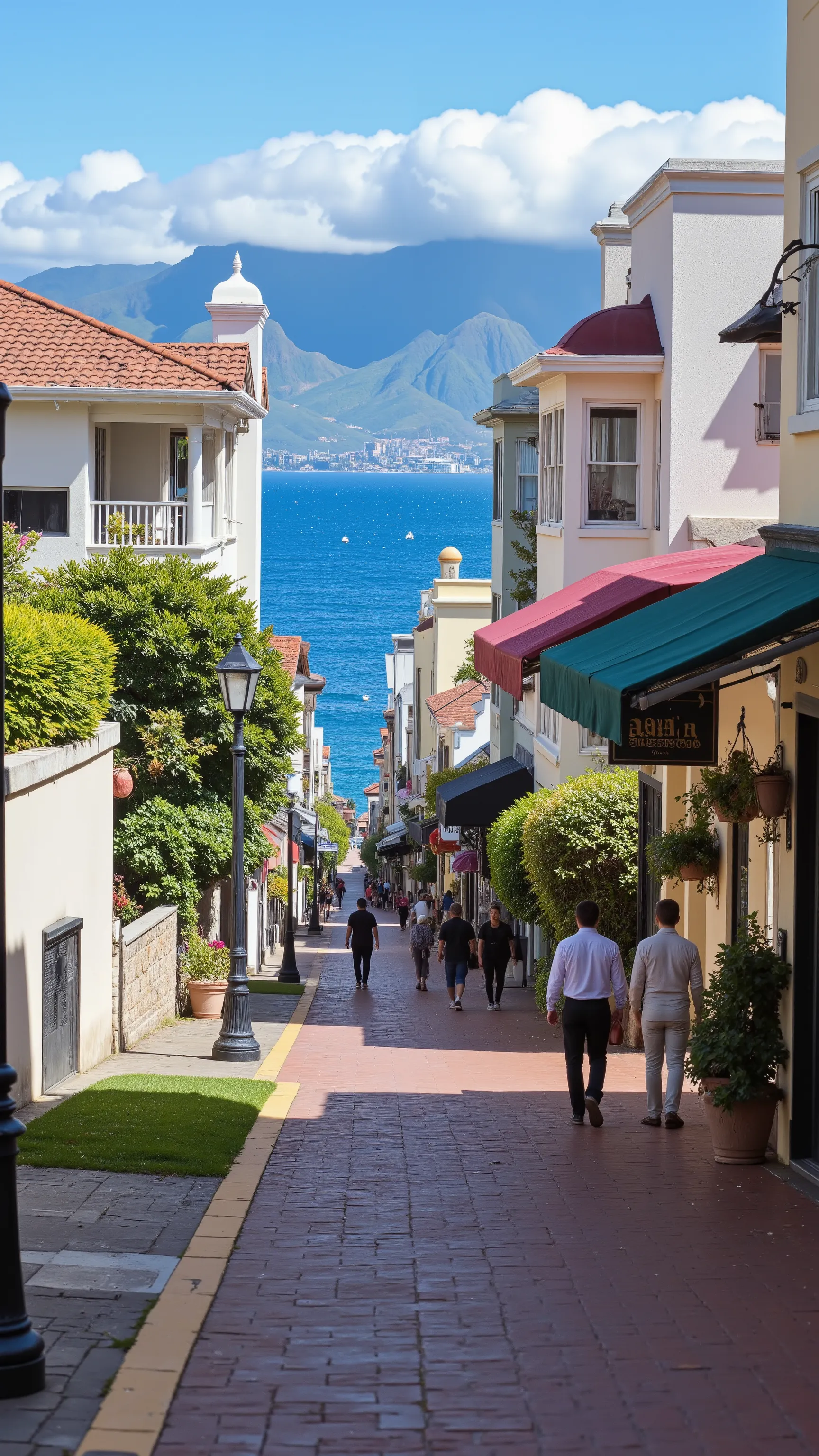 high-definition images、while walking through the streets of Lahaina、 near the coast of Lahaina in Hawaii々Sea to the left、walking through beautiful buildings on the right。The line of sight walking along the coast is、calm cityscape before the earthquake。