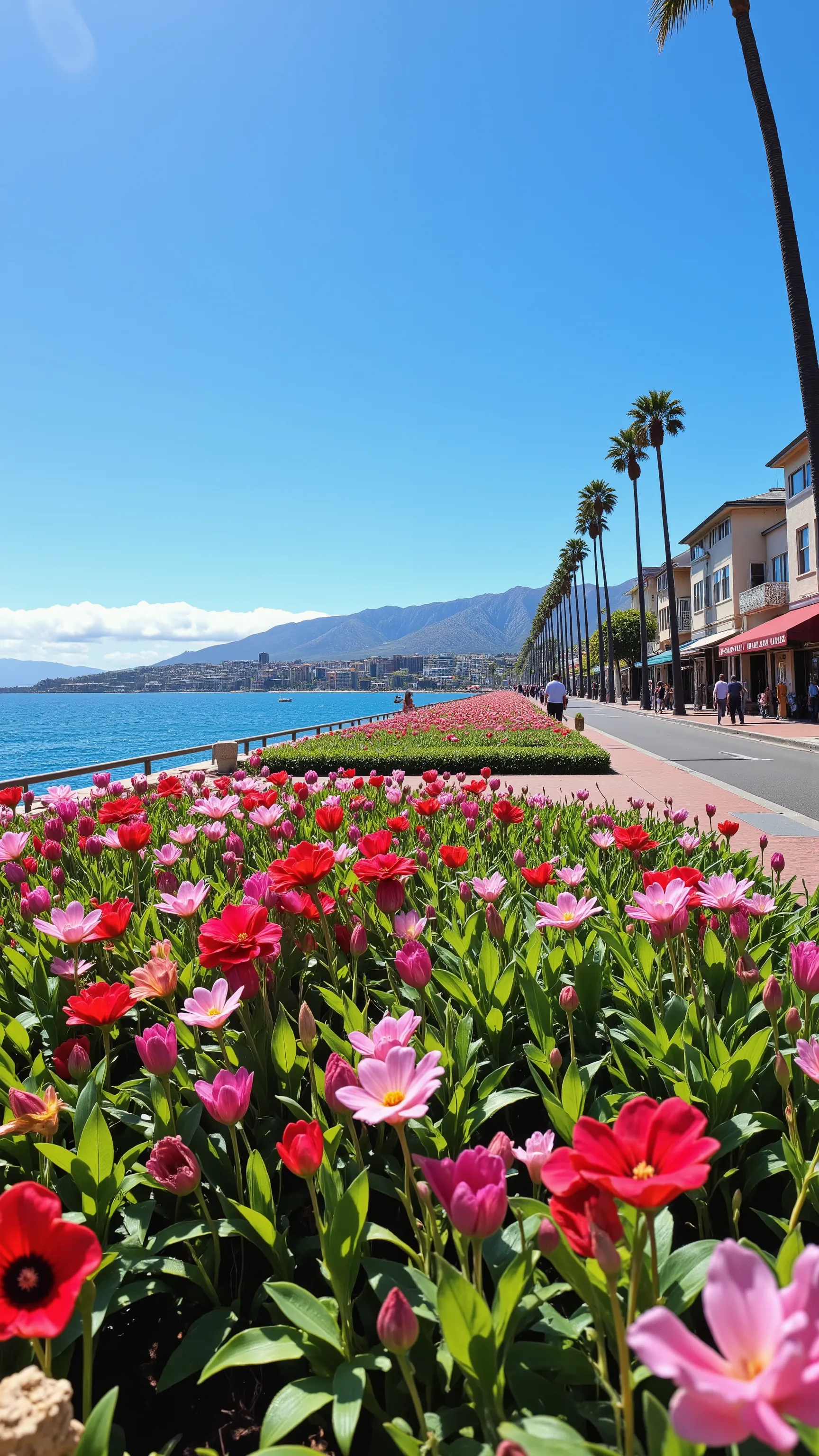 high-definition images、while walking through the streets of Lahaina、flowers blooming in full bloom near the coast of Lahaina in Hawaii々Sea to the left、walking through beautiful buildings on the right。The line of sight walking along the coast is、calm citysc...