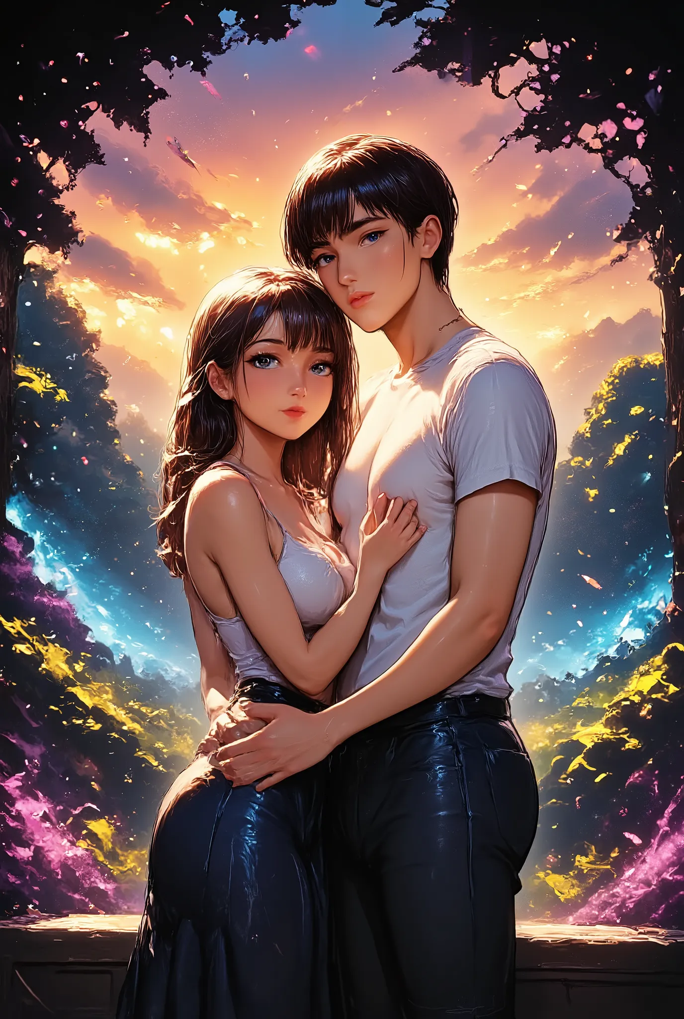 ( (Young couple declare themselves to each other in a forest, flowery forest full of life and diverse fauna , young short black hair  , capacidade 6:9, e garota jovem , capacidade 6:9, the couple are holding hands on the horizon a spectacular sunset giving...