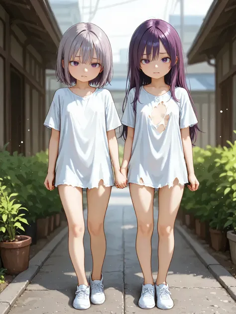 short girl, 2 girls,is young, flat chested,realisticな外観, big purple eyes, Two-tone purple hair and gray hair、A badly torn shirt、big torn shirt、no bra、with a distressed face、full body、Outdoors、細部にこだわったrealisticな影、movie stills, High Quality, realistic, 4K re...
