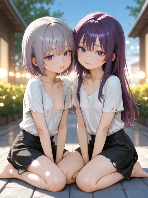 short girl, 2 girls,is young, flat chested,realisticな外観, big purple eyes, Two-tone purple hair and gray hair、A badly torn shirt、big torn shirt、no bra、with a distressed face、full body、Outdoors、細部にこだわったrealisticな影、movie stills, High Quality, realistic, 4K re...