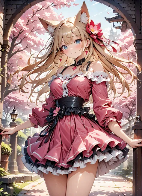masterpiece、concept art、（very well detailed）、 (((masterpiece、Highest Quality、   、16k))) 、1 girl、amazing cherry blossom blizzard background、Multiple cherry trees、( fox ears、off-shoulder、platinum blonde、long hair、wave hair、frill skirt)、( やわらかなsmile )、   Spag...