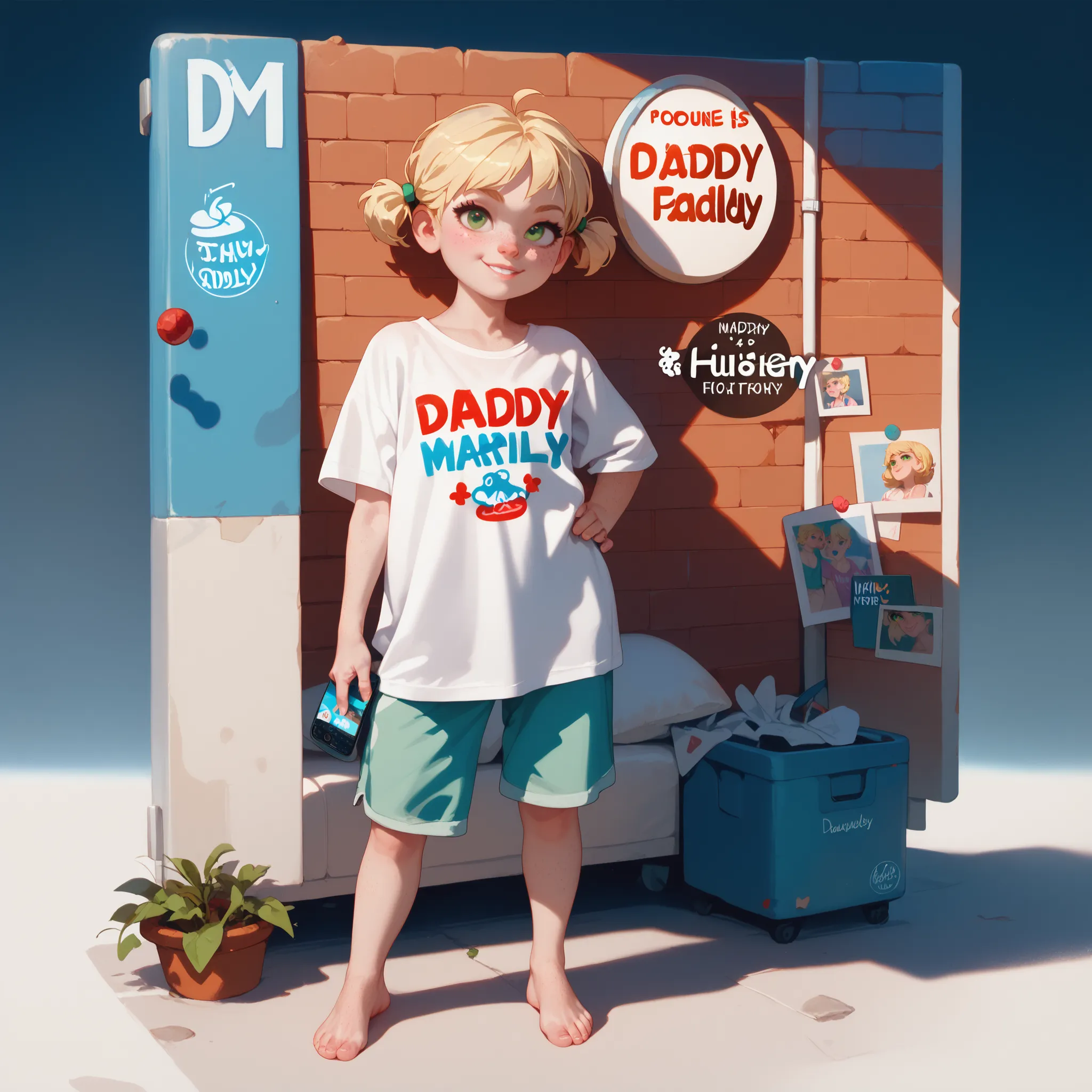 full body picture of a small youthful Milly Alcock as a short girl, almost a short stack, freckles, short blonde hair, green eyes, flat chest, dressed in an oversized t-shirt with the text "DADDY LOVER" on it, bare feet, standing up, full body