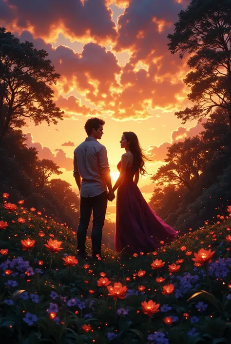 ( (Young couple declare themselves to each other in a forest, flowery forest full of life and diverse fauna , young short black hair  , capacidade 6:9, e garota jovem , capacidade 6:9, the couple are holding hands on the horizon a spectacular sunset giving...