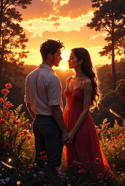 ( (Young couple declare themselves to each other in a forest, flowery forest full of life and diverse fauna , young short black hair  , capacidade 6:9, e garota jovem , capacidade 6:9, the couple are holding hands on the horizon a spectacular sunset giving...