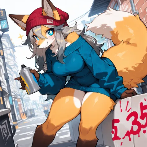 (back angle) (solo:1.5, solo character:1.5) (adult, mature:0.9, female, girl, hot, big tail, thick tail, fluffy tail, broad shoulders:1.1) [big eyes:1.4], (round face:1.4, blue eyes, star pupils, cute:1.3, long hair, medium breasts, fox, fox tail, ears goi...