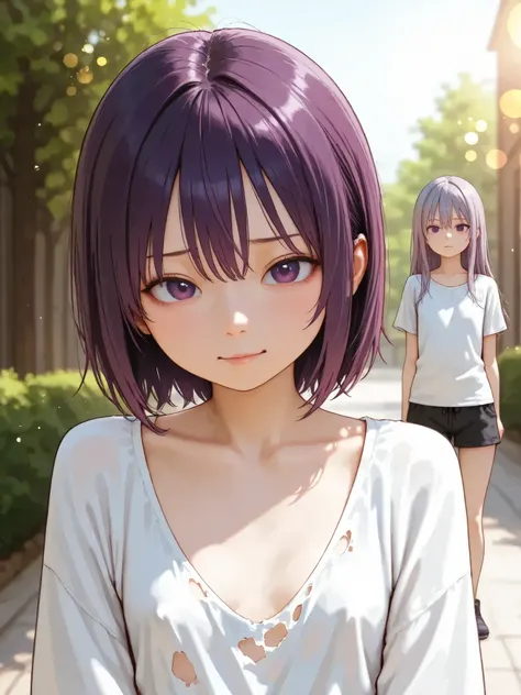 short girl, 2 girls,is young, flat chested,realisticな外観, big purple eyes, Two-tone purple hair and gray hair、big torn shirt、no bra、with a distressed face、Outdoors、細部にこだわったrealisticな影、movie stills, High Quality, realistic, 4K rendering, ultra-fine texture, ...
