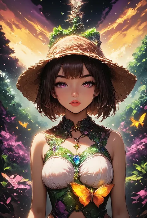 ( A Young Forest Girl, flowery forest full of life and diverse fauna ,  "body capacity 6:9"  ,  , capacidade 6:9, the couple are holding hands on the horizon a spectacular sunset giving a perfect color, qualidade D HDR, 32K, reference artists to great publ...