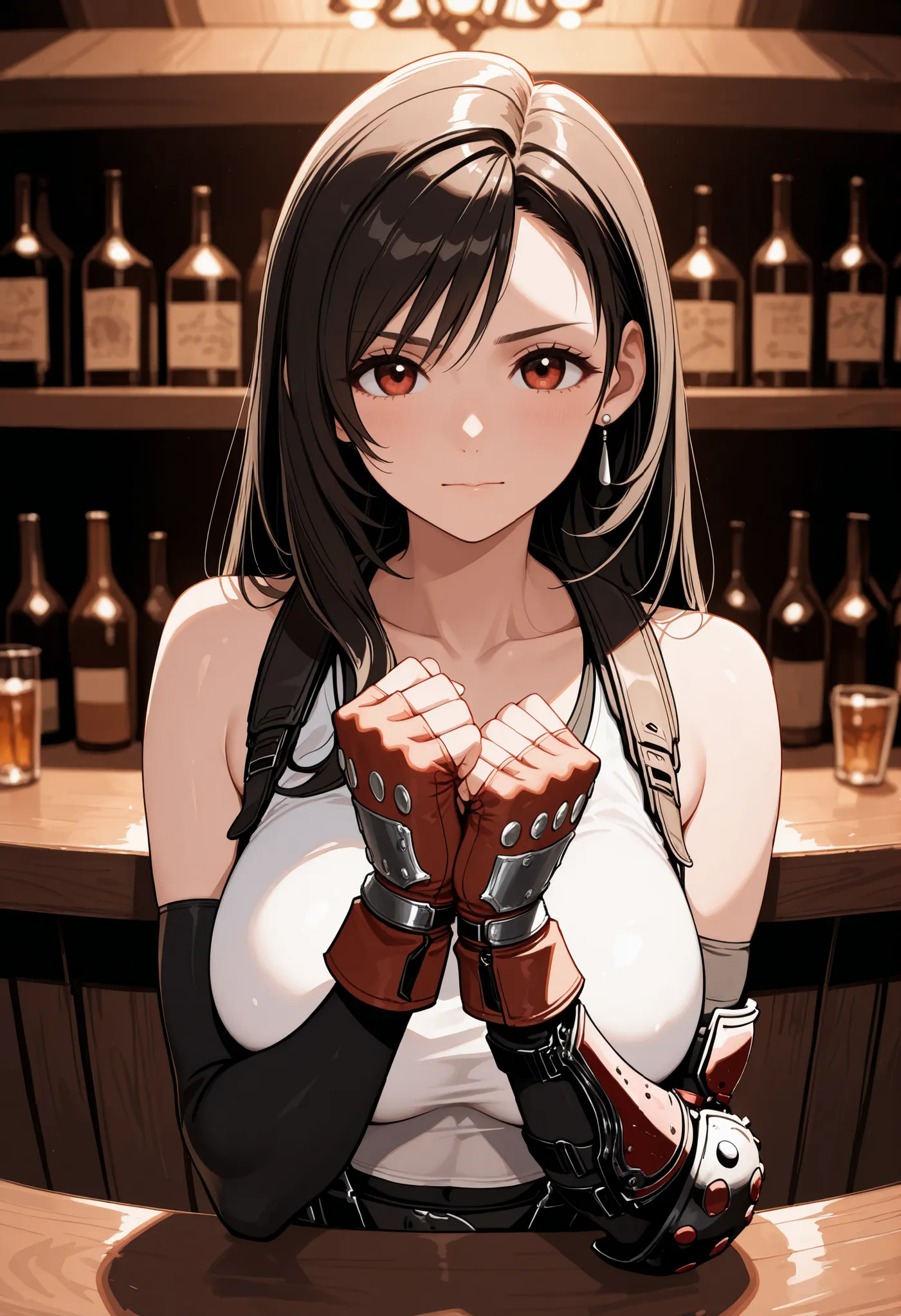 Best quality, Anatomically correct, Detailed image, High resolution, Tifa Lockhart, Alone, Bar, Leaning on the bar, Looks joyfully at the viewer, closed mouth, She clenched her hands into fists, Fists on the hips, Upper body slightly tilted forward towards...