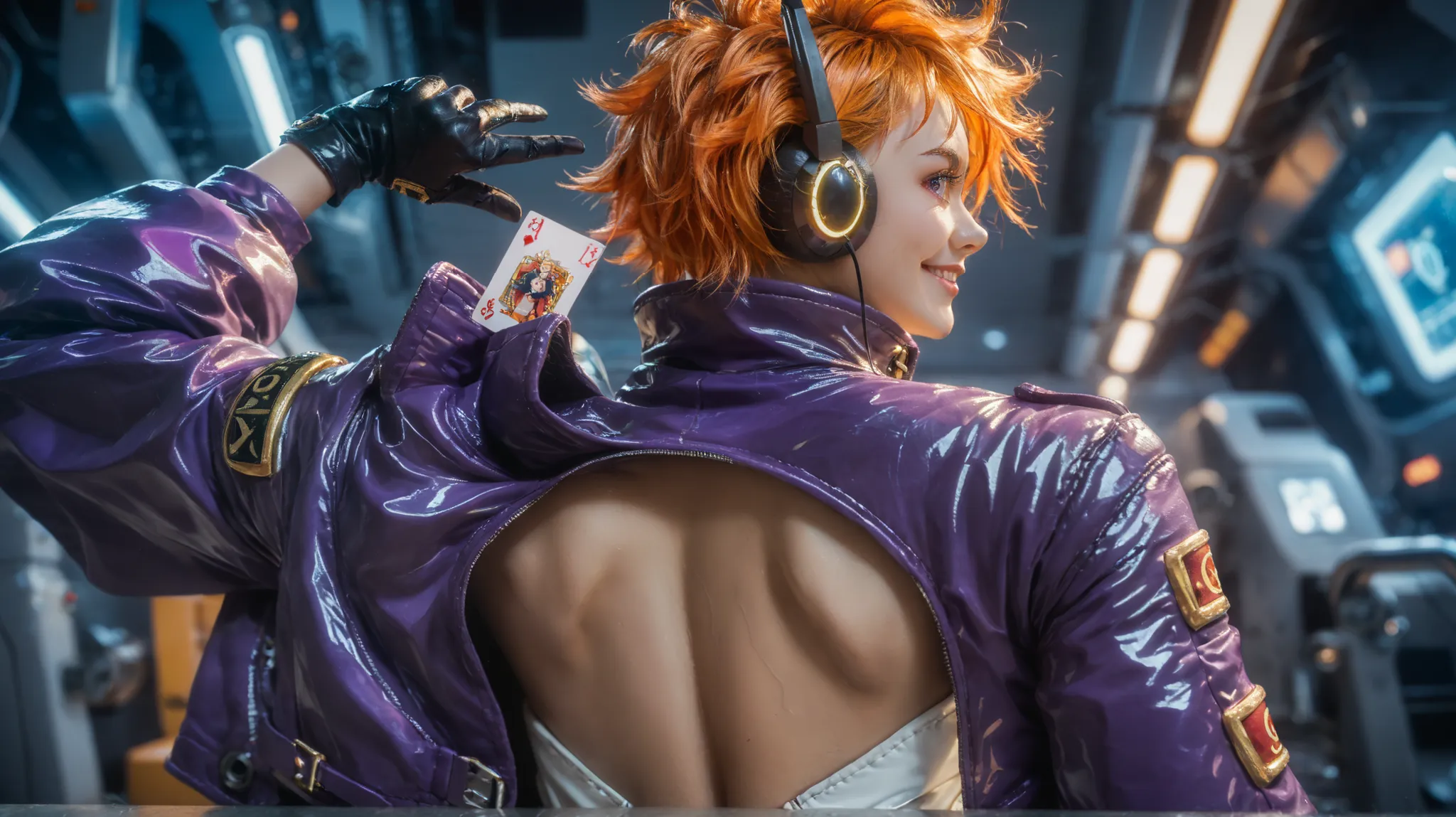 2d, anime, anime style, 1girl, solo, back turned, looking over shoulder, confident smile, bodysuit, tight pink egghead bodysuit, glossy texture, purple jacket, open jacket, gloves, headphones, vegapunk lilith, orange short messy hair, golden-orange hair, v...