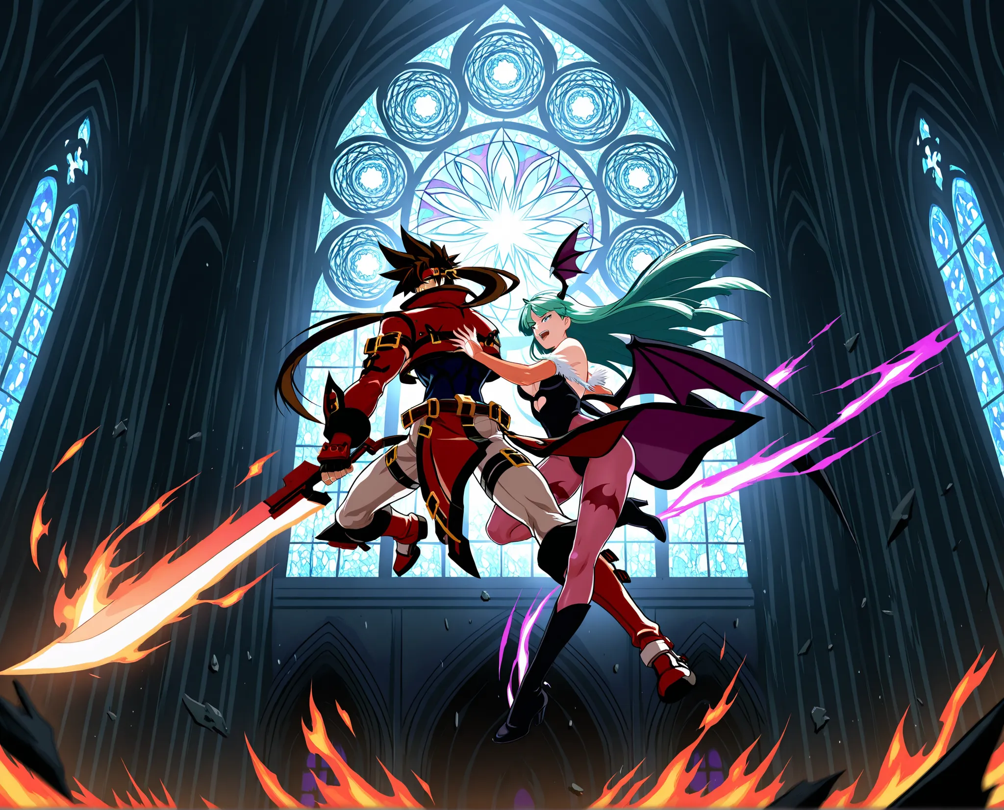 Epic anime-style battle inside a gothic cathedral with shattered stained glass windows. Sol Badguy is on the left, wielding his fire sword in a dramatic pose, flames and energy bursting from his blade. His red coat and headband are flowing, with exaggerat...