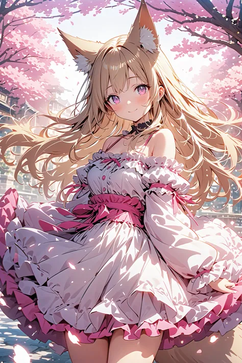 masterpiece、Concept Art、（very well detailed）、 (((masterpiece、Highest Quality、   、16k))) 、1 girl、amazing cherry blossom blizzard background、Multiple cherry trees、( fox ears、off-shoulder、platinum blonde、long hair、wave hair、frill skirt)、( やわらかなsmile )、   Spag...