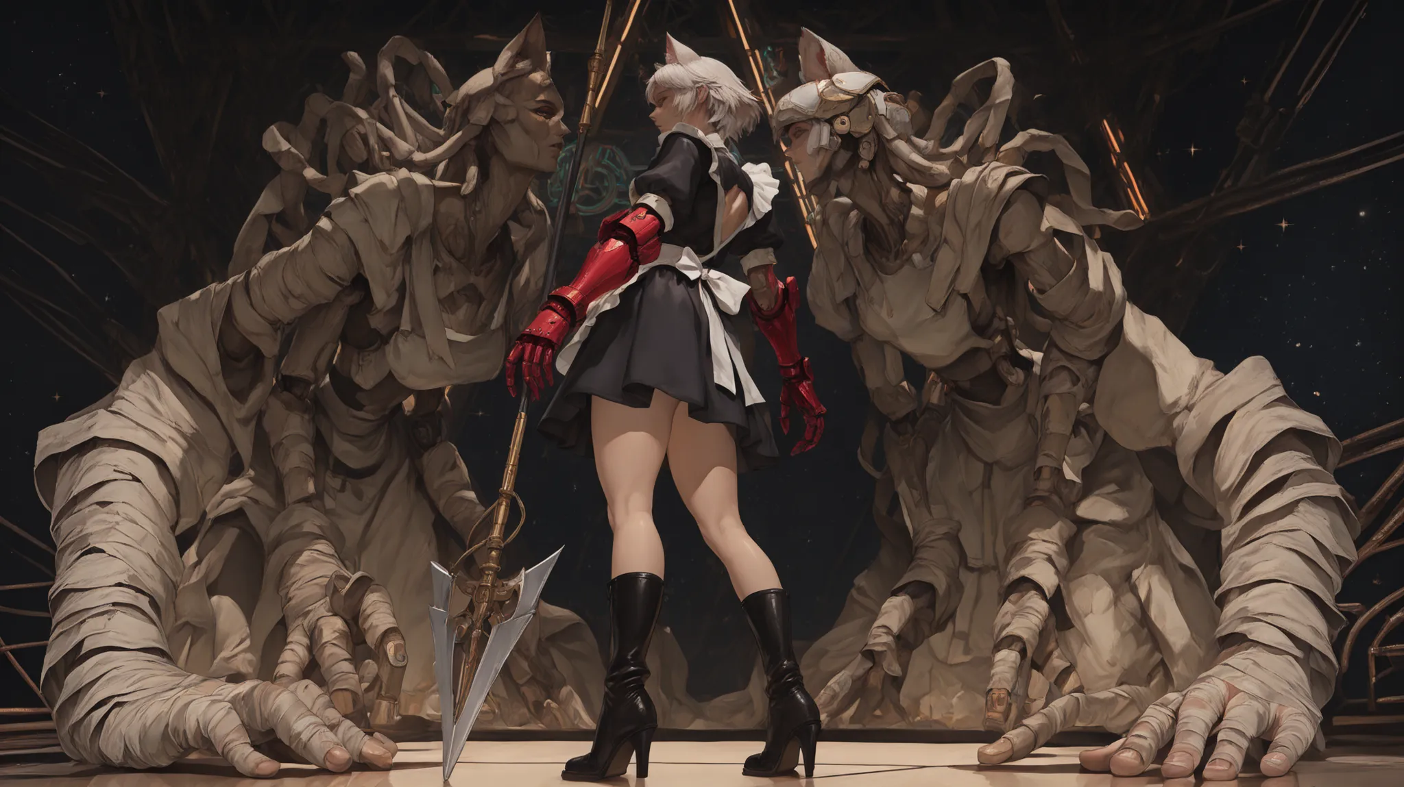 Beautiful girl with cat ears, short white hair, with a long side fringe, ojos rojos, sharp eye, beautiful skin, extremely nice body, ,((pretty face)), alone, Alone, A maid's uniform, MEDIUM SKIRT, (maid) , (A big, red gauntlet on the right arm), (left arm...