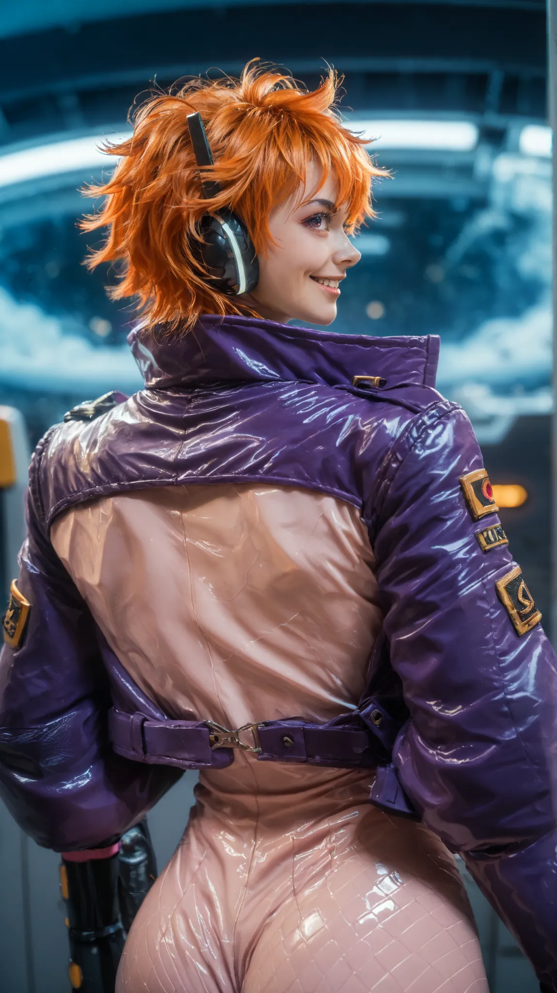2d, anime, anime style, 1girl, solo, back turned, looking over shoulder, confident smile, bodysuit, tight pink egghead bodysuit, glossy texture, purple jacket, open jacket, gloves, headphones, vegapunk lilith, orange short messy hair, golden-orange hair, v...