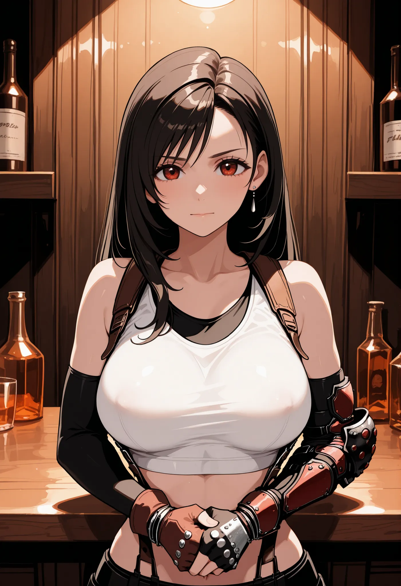 Best quality, Anatomically correct, Detailed image, High resolution, Tifa Lockhart, Alone, Bar, Leaning on the bar, Looks joyfully at the viewer, closed mouth, She clenched her hands into fists, placed her hands on her hips, Upper body slightly tilted forw...