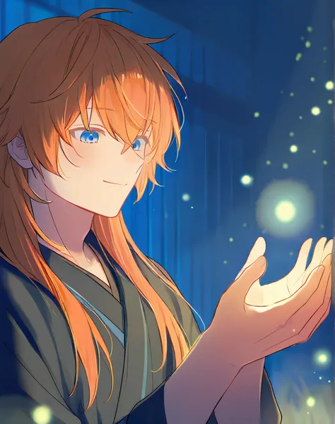 Wearing thick beer colored clothes, showing a happy expression, showing a happy atmosphere, Emitting blue light from both hands, the blue light lines spread in all directions, lighting, shadows, highlights, Night atmosphere with many fireflies shining, the...