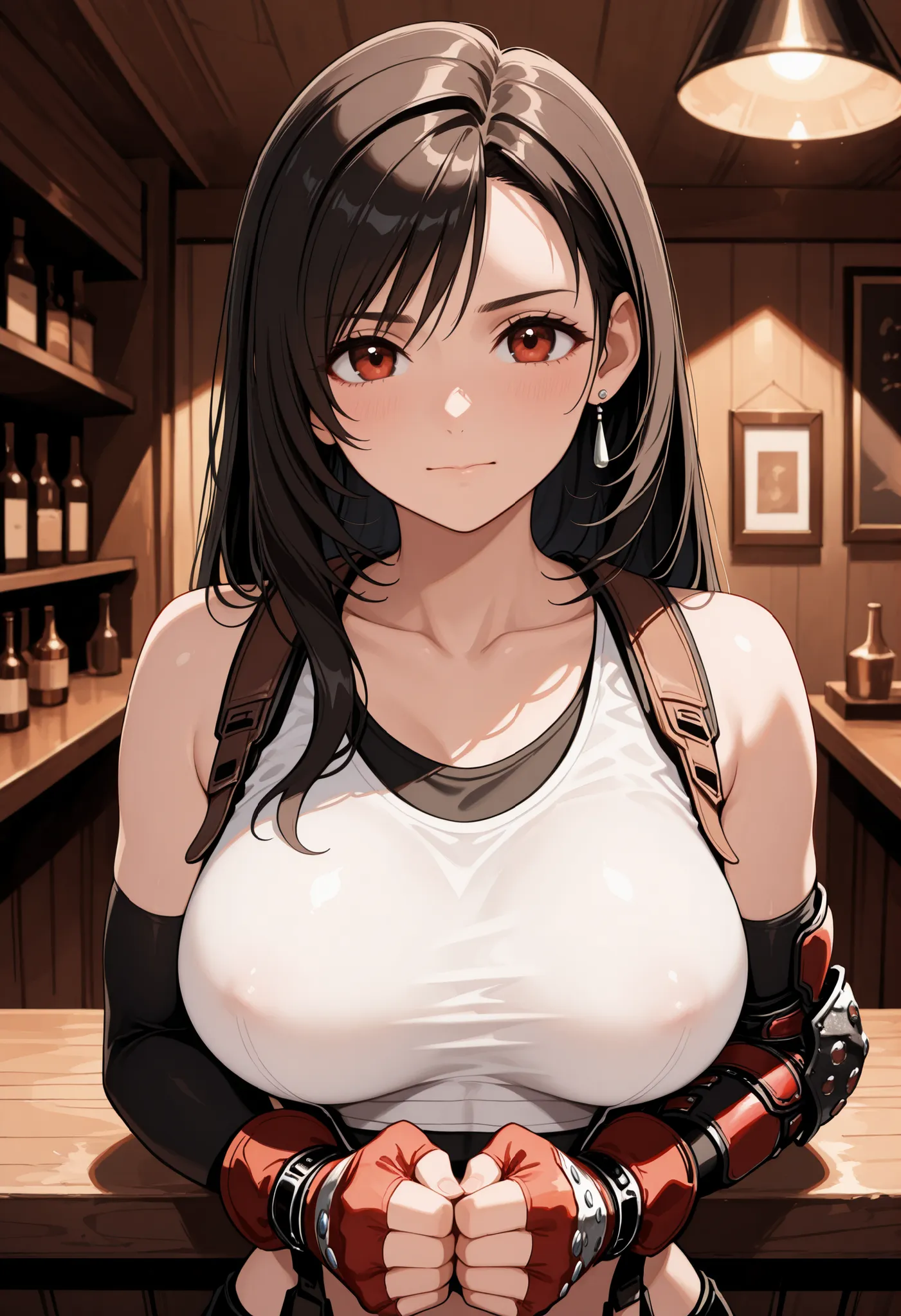 Best quality, Anatomically correct, Detailed image, High resolution, Tifa Lockhart, Alone, Bar, Leaning on the bar, Looks joyfully at the viewer, closed mouth, She clenched her hands into fists, Fists on the hips, Upper body slightly tilted forward towards...