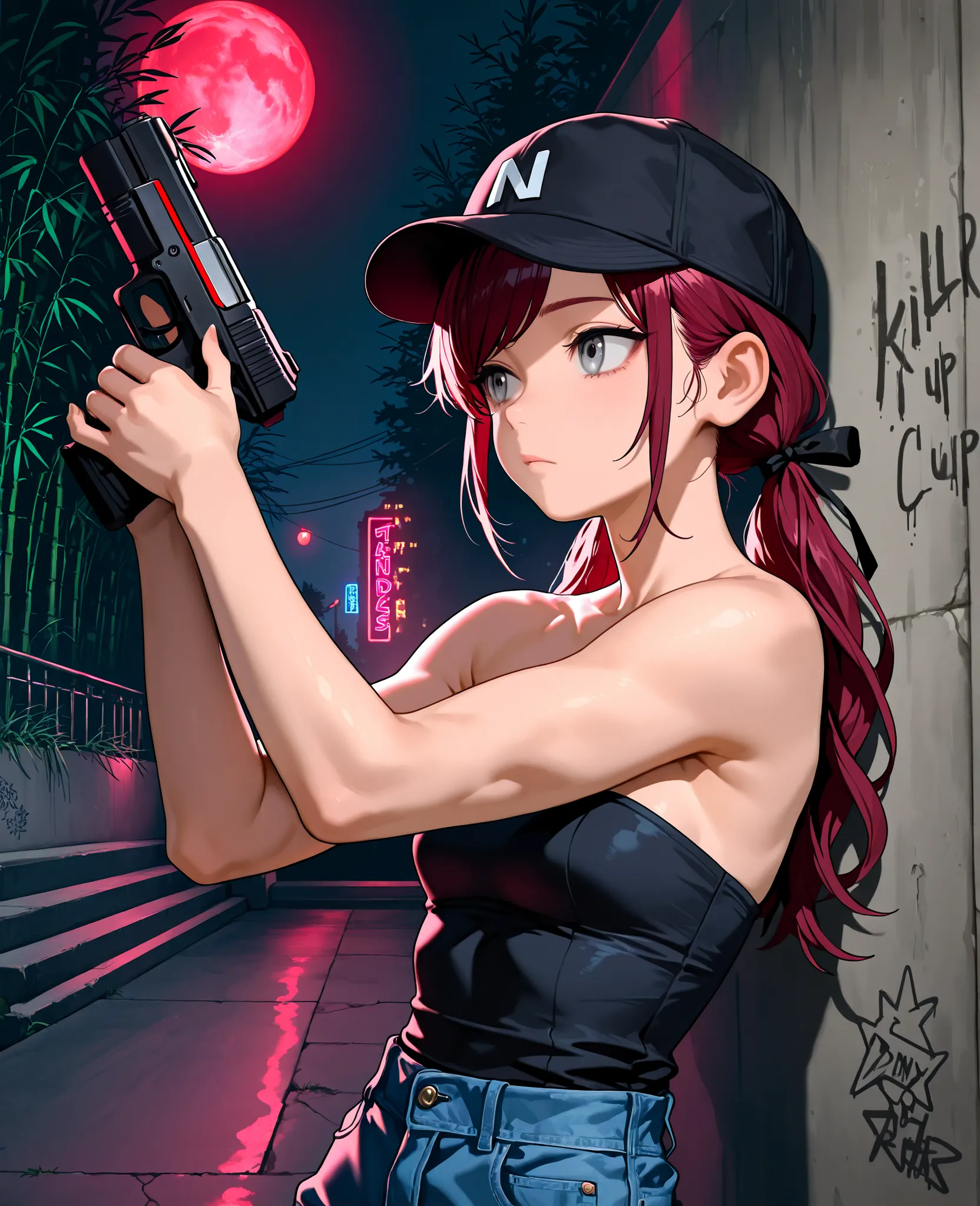 1girl, solo, Gray eyes, dark red hair, swept bangs, long hair, low twin tails, small breasts, toned arms, looking away, close-up, bare shoulders, strapless sleeveless shirt, black shirt, black baseball cap, blue jeans, hair ribbons, black ribbons, night, l...