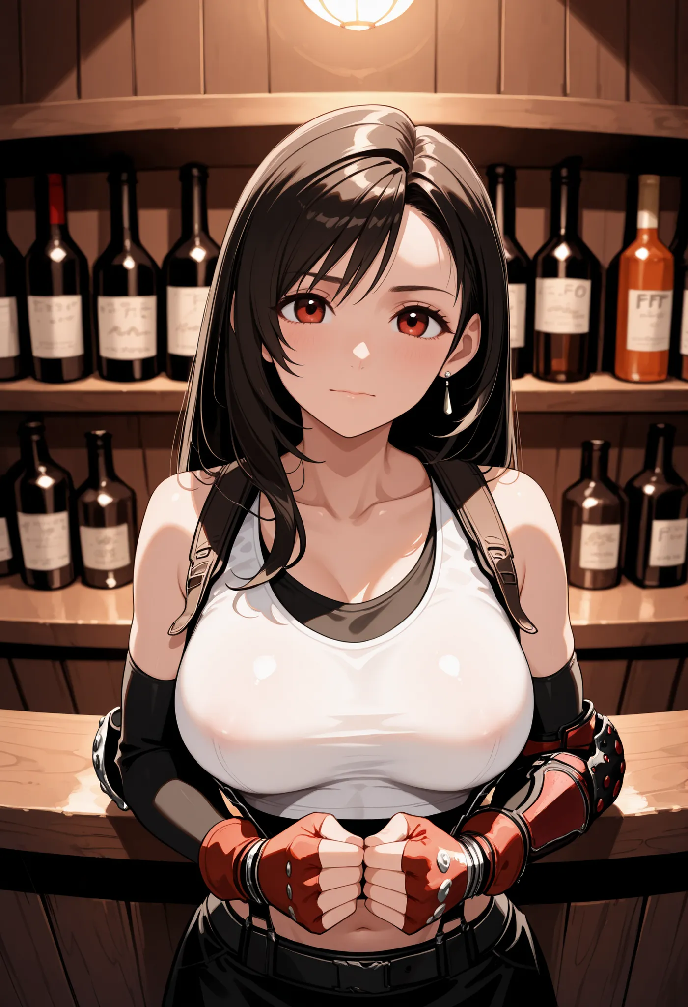 Best quality, Anatomically correct, Detailed image, High resolution, Tifa Lockhart, Alone, Bar, Leaning on the bar, Looks joyfully at the viewer, closed mouth, She clenched her hands into fists, Fists on the hips, Upper body slightly tilted forward towards...