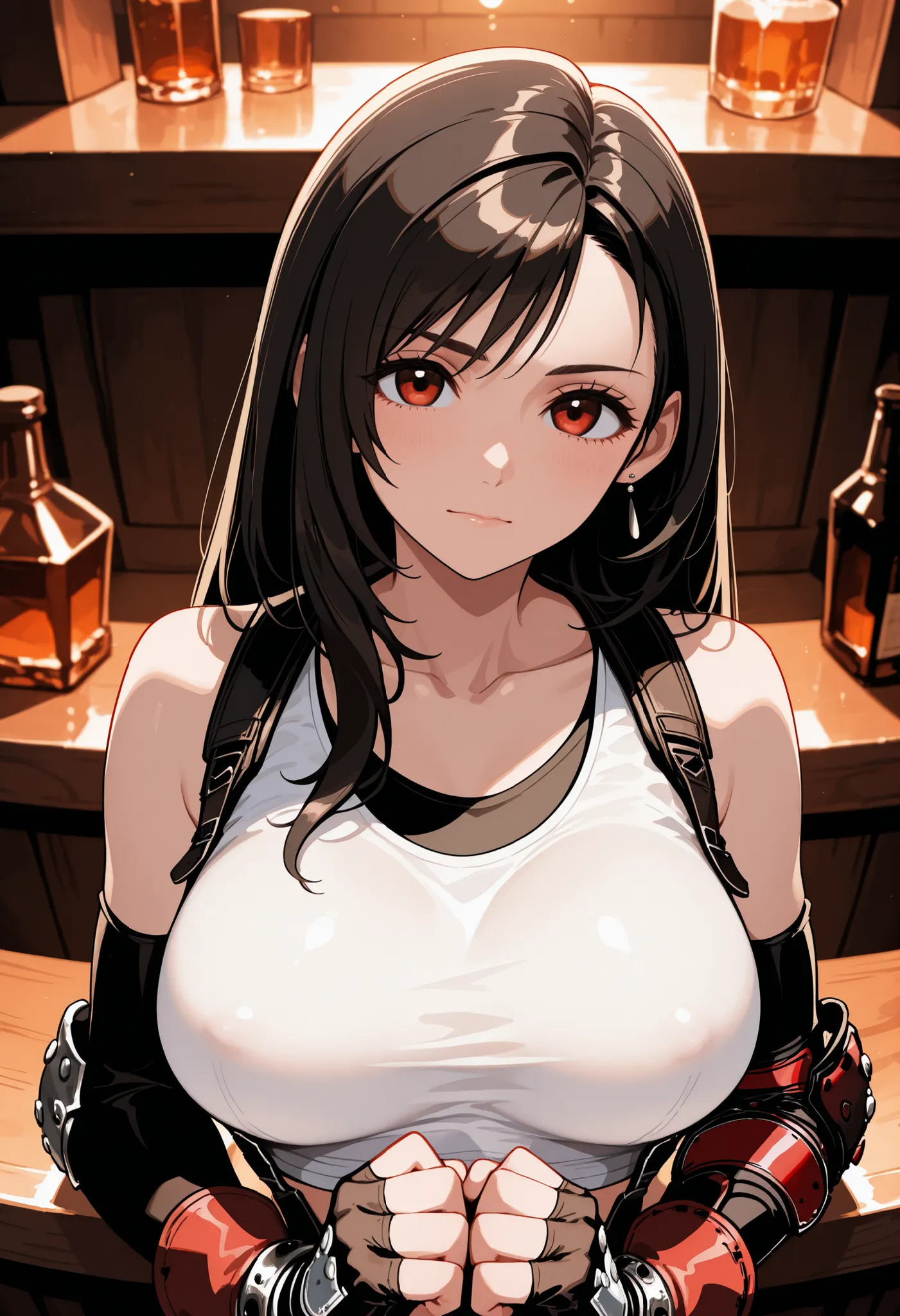 Best quality, Anatomically correct, Detailed image, High resolution, Tifa Lockhart, Alone, Bar, Leaning on the bar, Looks joyfully at the viewer, closed mouth, She clenched her hands into fists, placed her hands on her hips, Upper body slightly tilted forw...