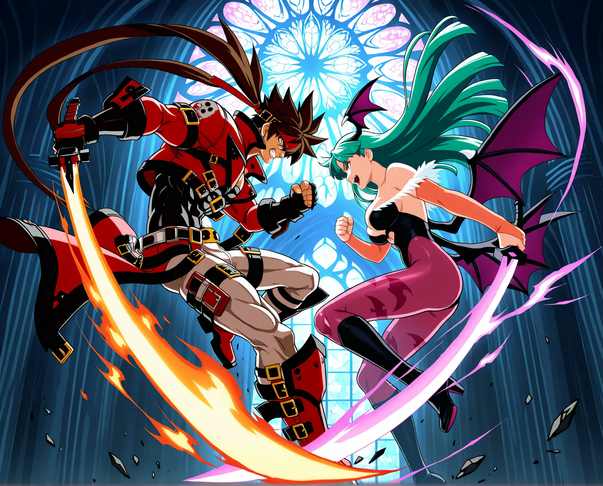Epic anime-style battle inside a gothic cathedral with shattered stained glass windows. Sol Badguy is on the left, wielding his fire sword in a dramatic pose, flames and energy bursting from his blade. His red coat and headband are flowing, with exaggerat...