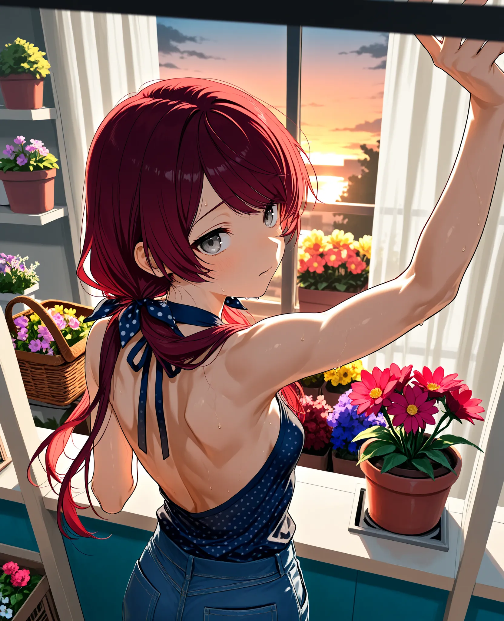 score_9, score_8_up, score_7_up, back view, from above, sweat, reaching up to set potted flowers on shelf, arm up, leaning, long low twin tails, gray eyes, dark red hair, long swept bangs, thin, close up, small breasts, toned arms, basket, flowers, backle...