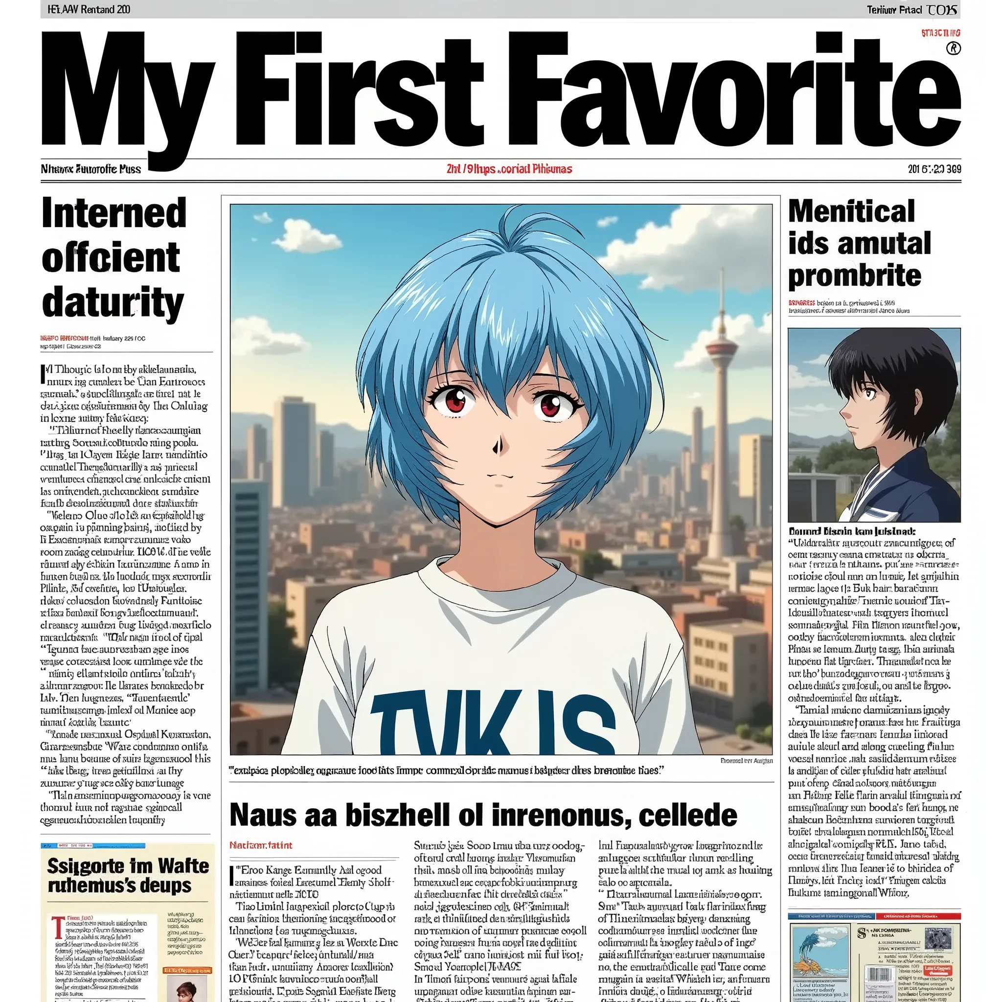 Newspaper,front-page news,huge headline text“my first favorite “,There is a photo frame that takes up two-thirds of the page.(the photo is a ppayanamirei,sky-blue short hair)