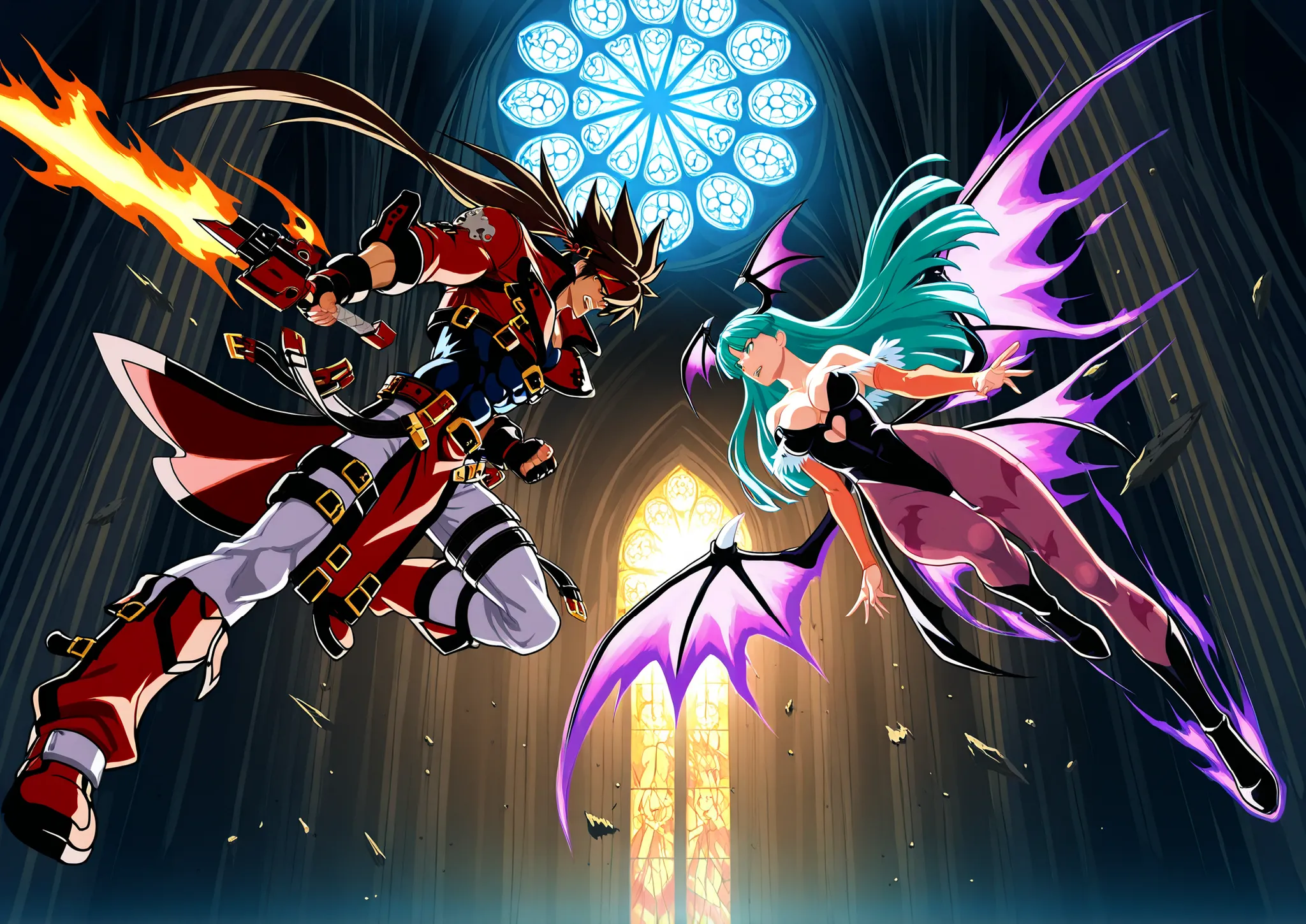 Epic anime-style battle inside a gothic cathedral with shattered stained glass windows. Sol Badguy is on the left, wielding his fire sword in a dramatic pose, flames and energy bursting from his blade. His red coat and headband are flowing, with exaggerat...
