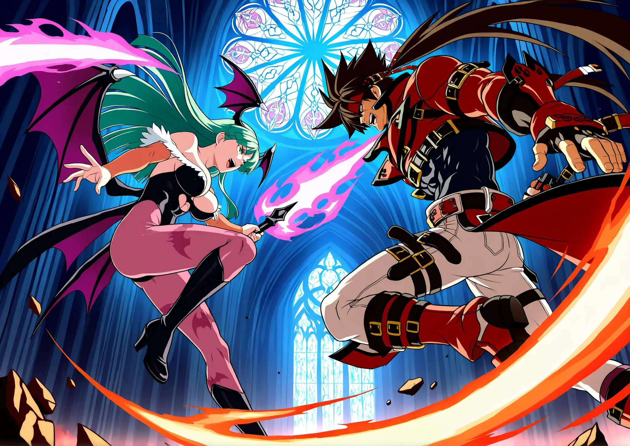 Epic anime-style battle inside a gothic cathedral with shattered stained glass windows. Sol Badguy is on the left, wielding his fire sword in a dramatic pose, flames and energy bursting from his blade. His red coat and headband are flowing, with exaggerat...