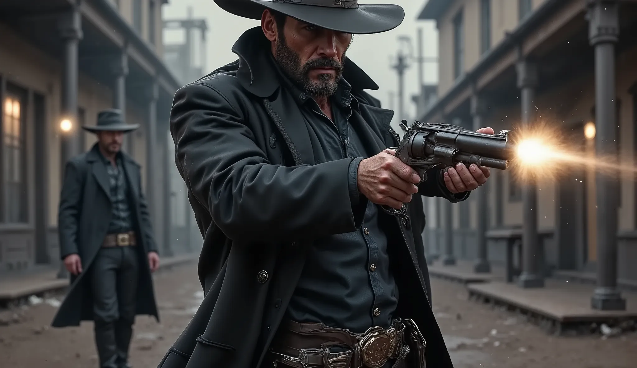 A hyperrealistic, cinematic medium shot of Jack Crowley, a grizzled gunslinger, captured in the heart of an intense Western showdown. He stands in the rain-slicked, muddy street of a desolate frontier town, his dark leather overcoat swaying slightly with t...