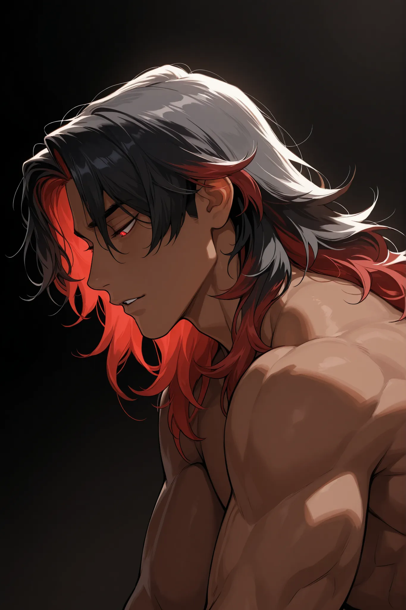 1 man, very handsome face, tall, medium length hair, middle part hair, wolfcut hair, messy wavy hair, black hair, one line of red hair, glowing red eyes, seductive eyes, brown skin, thick neck, muscular neck, full head, side view, looking down, leaning dow...