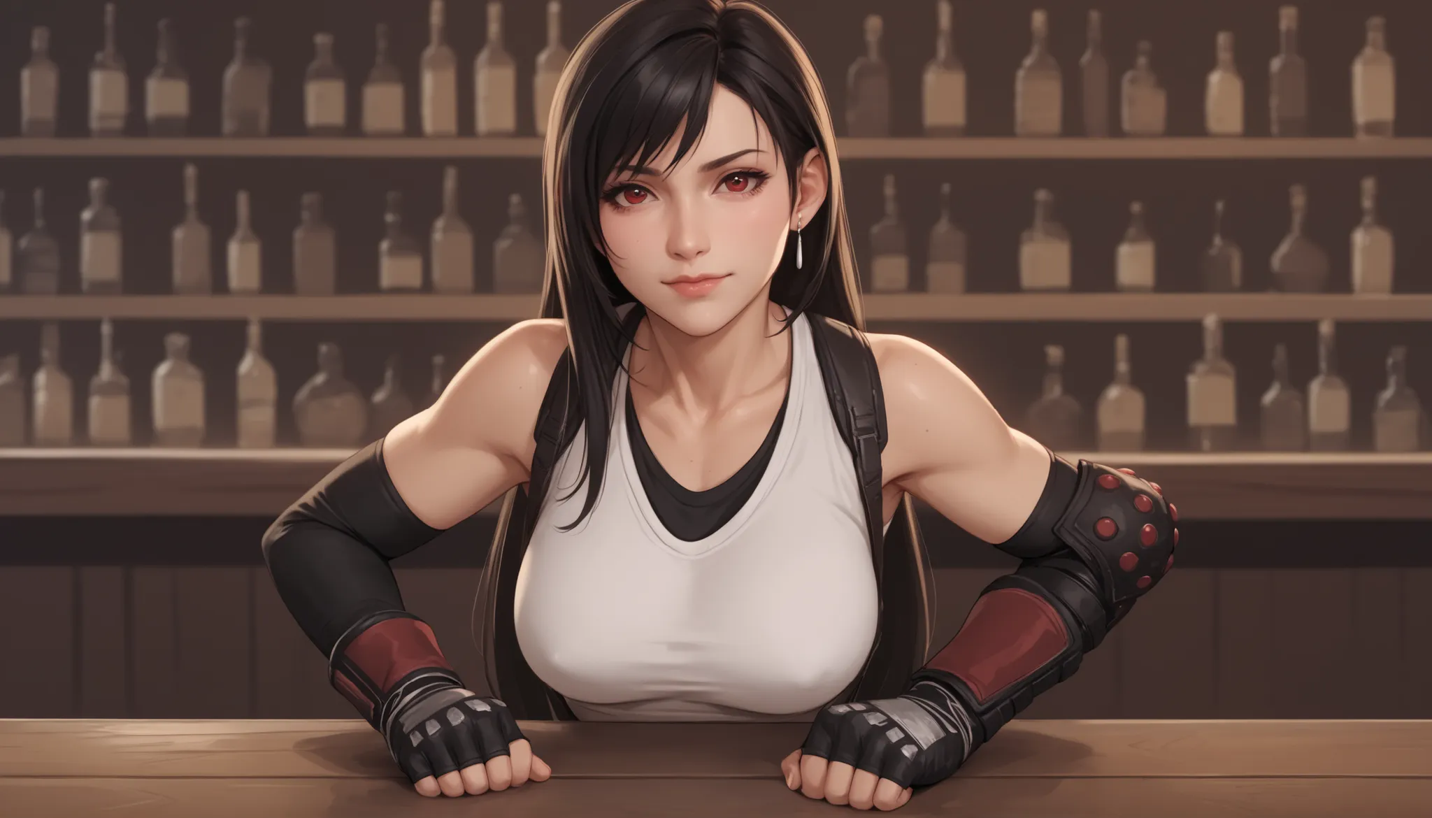 Best quality, Anatomically correct, Tifa Lockhart, Alone, Bar, Leaning on the bar, Looks joyfully at the viewer, closed mouth, She clenched her hands into fists, placed her hands on her hips, Upper body slightly tilted forward towards the viewer, front vie...