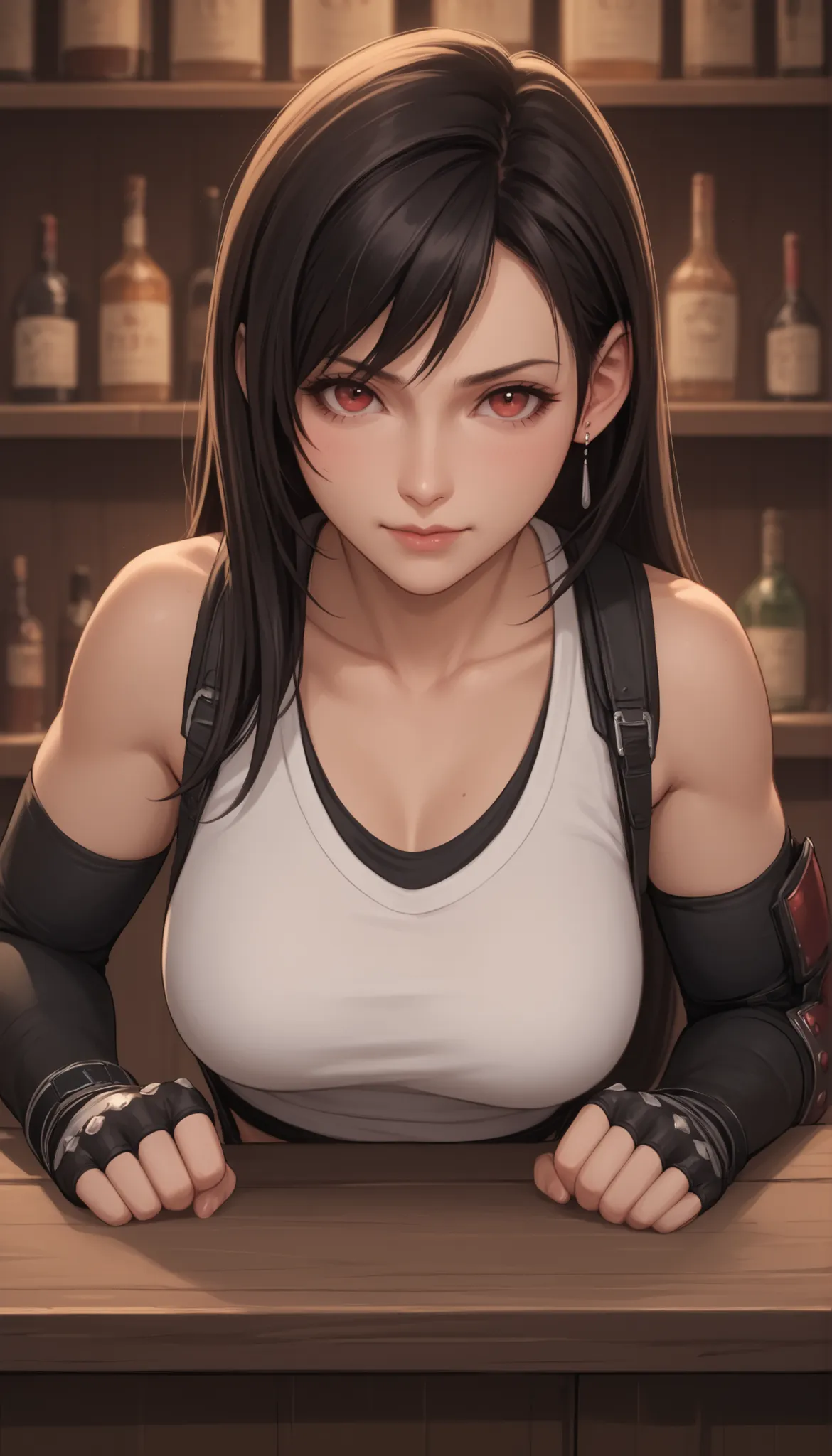 Best quality, Anatomically correct, Tifa Lockhart, Alone, Bar, Leaning on the bar, Looks joyfully at the viewer, closed mouth, She clenched her hands into fists, placed her hands on her hips, Upper body slightly tilted forward towards the viewer, front vie...