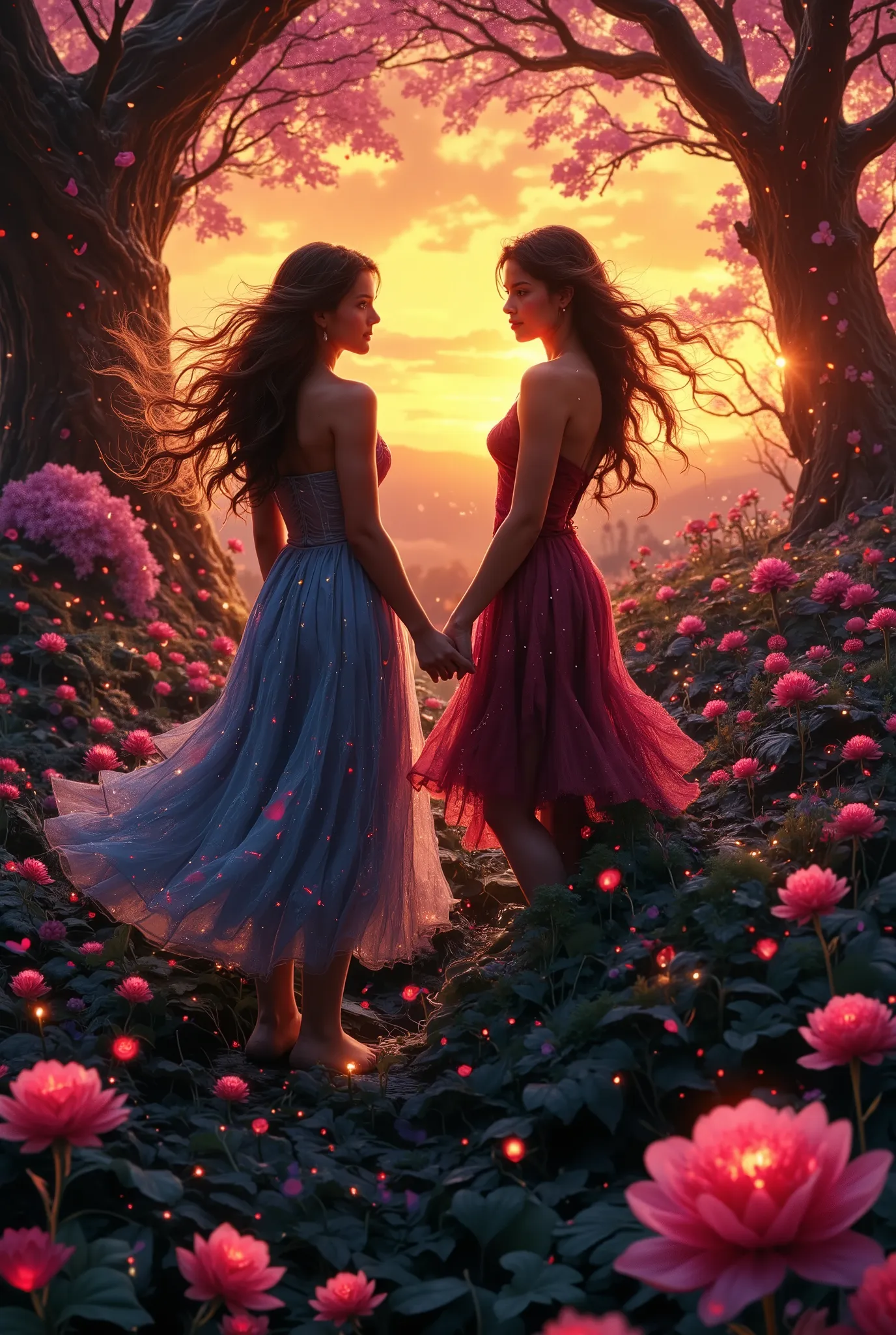 ( A Young Forest Girl, flowery forest full of life and diverse fauna , "body capacity 6:9" , , capacidade 6:9, the couple are holding hands on the horizon a spectacular sunset giving a perfect color, qualidade D HDR, 32K, reference artists to great publish...